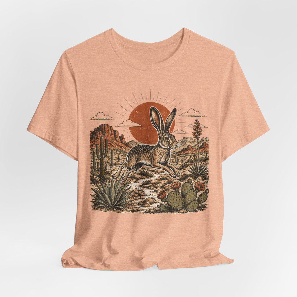 Desert Jackrabbit Sunset T-Shirt in Pink - bold jackrabbit desert sunset graphic tee, Barely Outdoorsy Bella Canvas