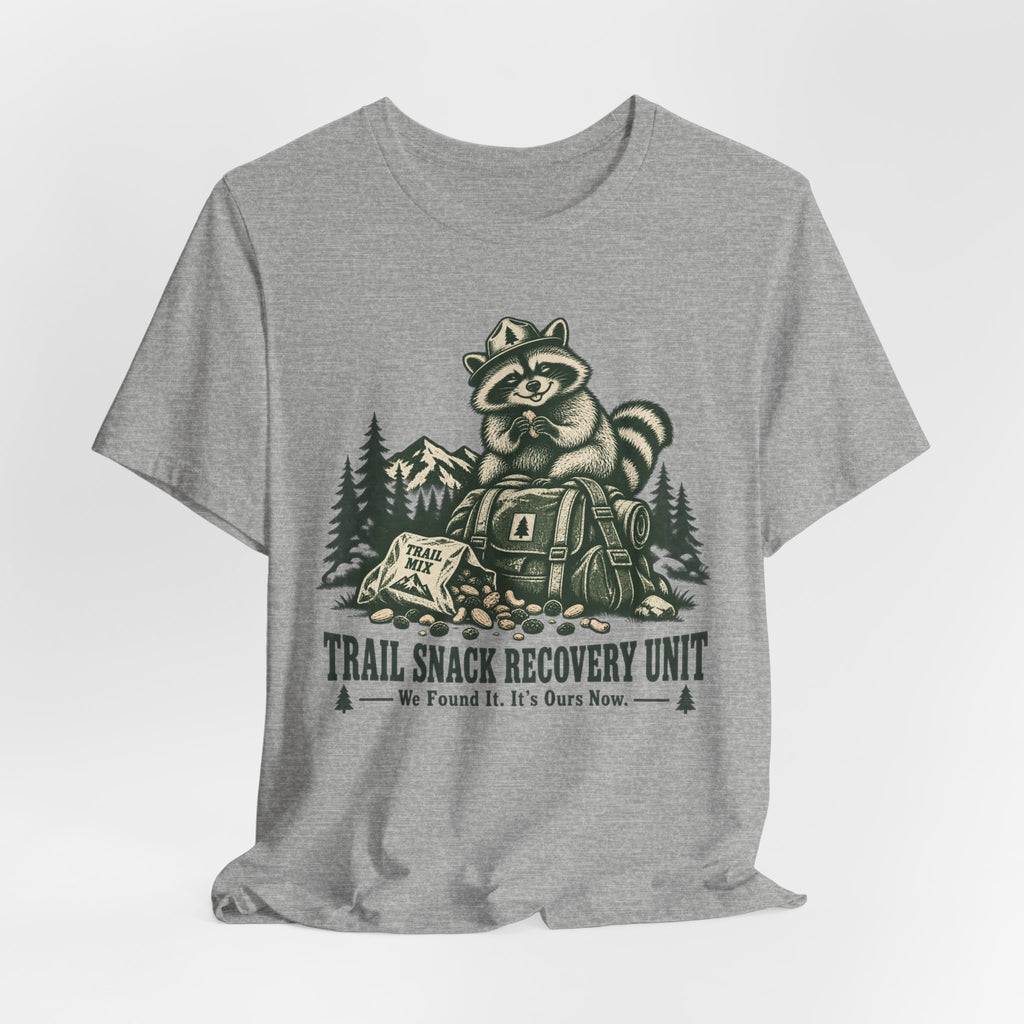 Trail Snack Recovery Unit T-Shirt flat lay Athletic Heather - unisex crew neck trail snack graphic tee, Barely Outdoorsy