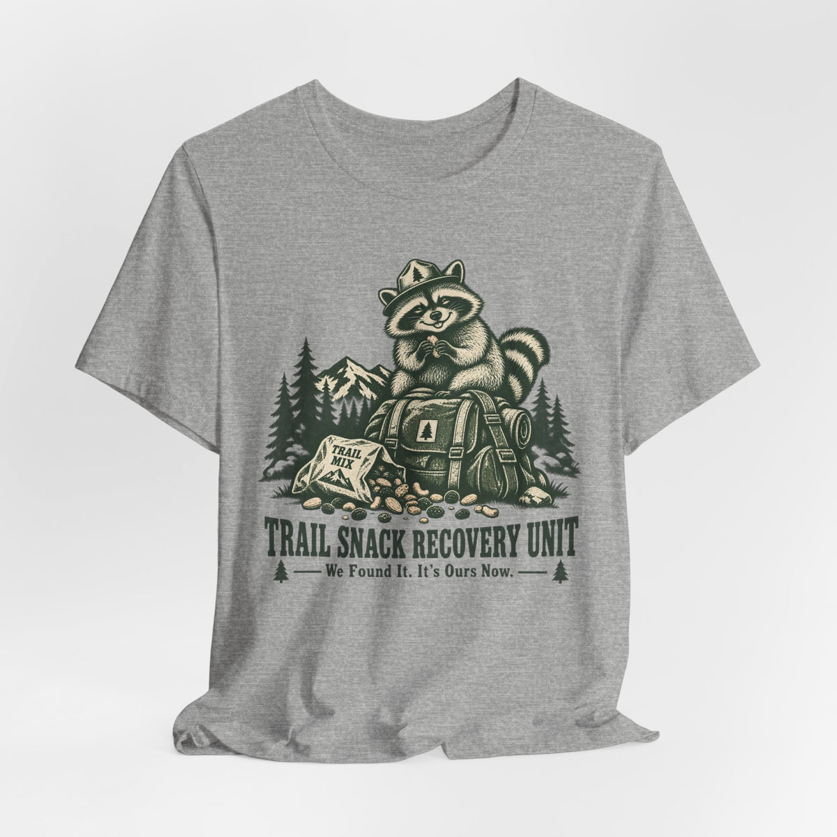 Trail Snack Recovery Unit T-Shirt flat lay Athletic Heather - unisex crew neck trail snack graphic tee, Barely Outdoorsy