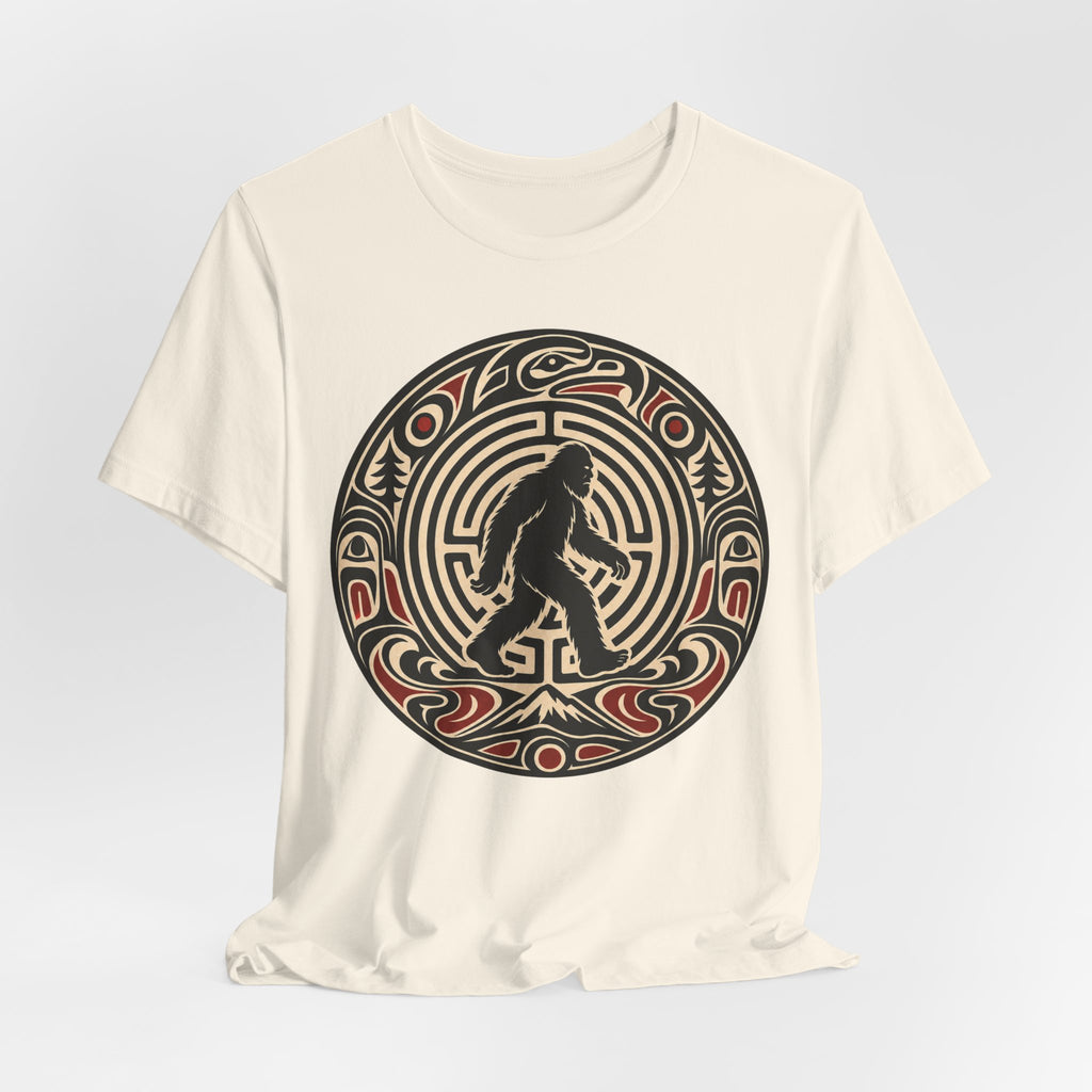 Bigfoot Pacific Northwest Tee in Black worn shot - bold Pacific Northwest Coast formline Bigfoot shirt, Barely Outdoorsy