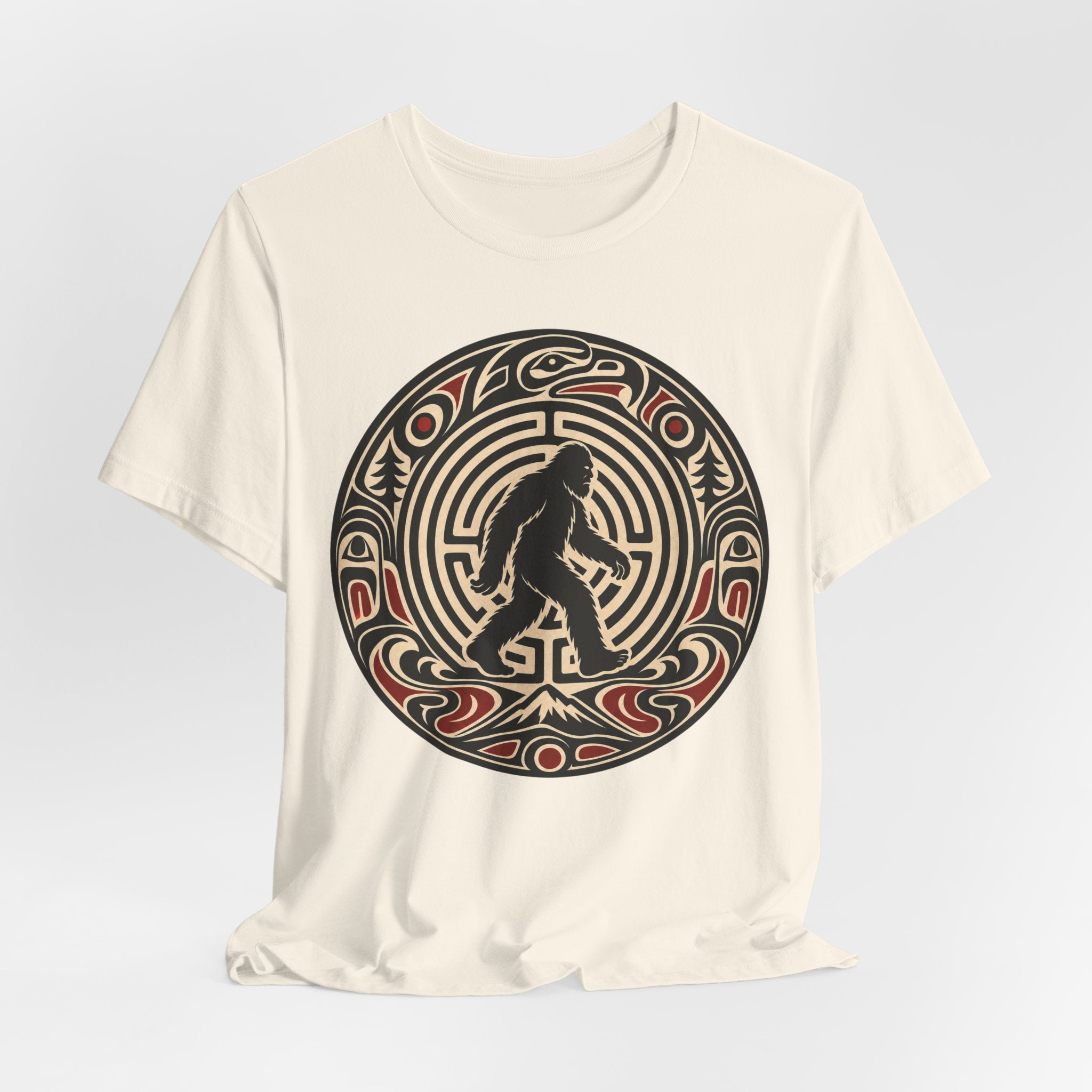 Bigfoot Pacific Northwest Tee in Black worn shot - bold Pacific Northwest Coast formline Bigfoot shirt, Barely Outdoorsy