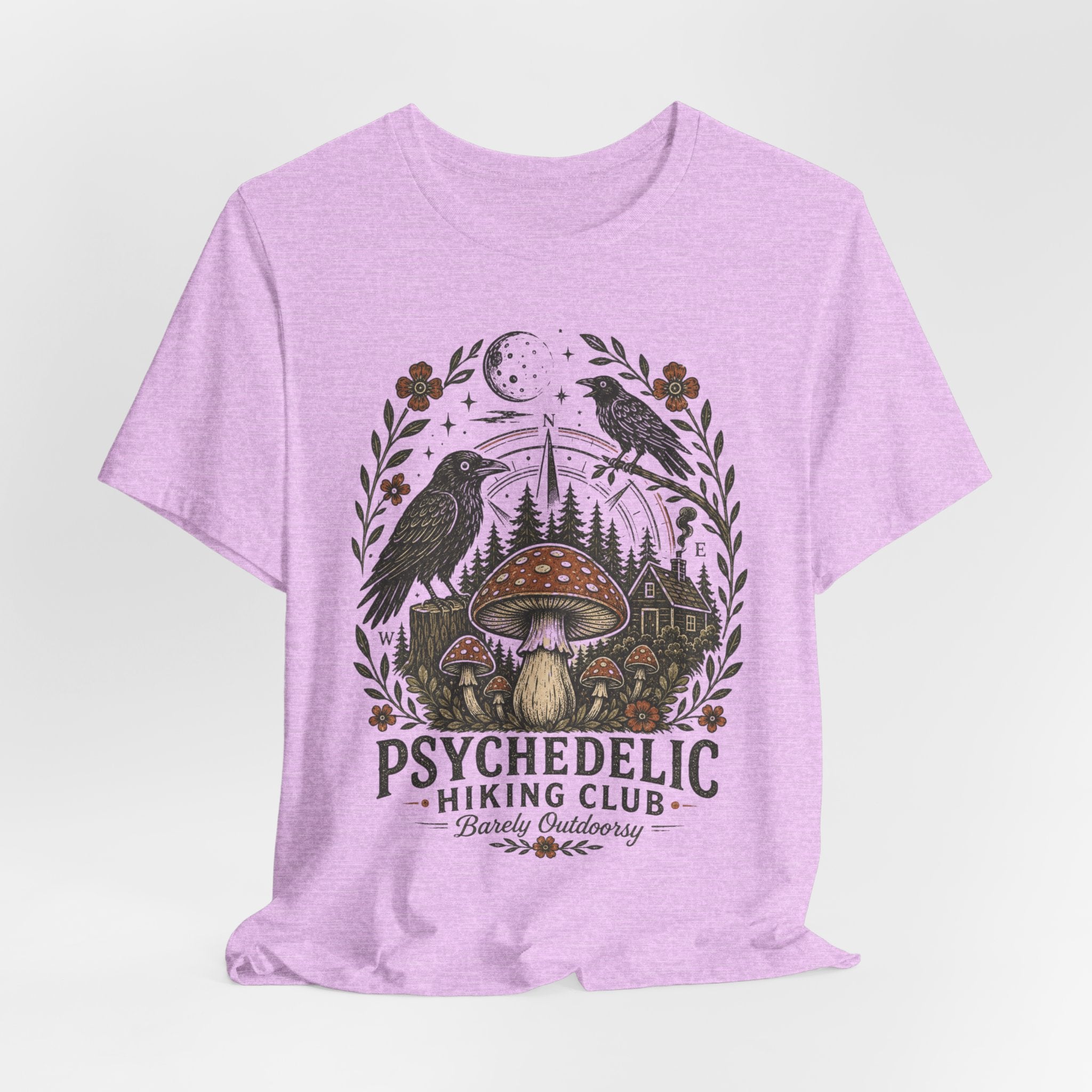 Psychedelic Hiking Club T-Shirt in Heather Prism Lilac - dark cottagecore mushroom hiking graphic tee, Barely Outdoorsy