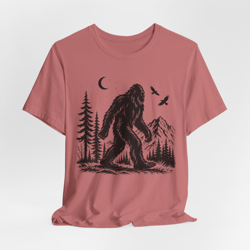 Bigfoot Night Forest Mountain Tee in Pink detail - moonlit Sasquatch forest close-up graphic, Barely Outdoorsy Bella Canvas 3001