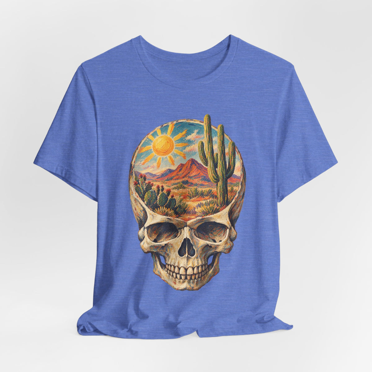 Desert State of Mind Skull T-Shirt in Heather Columbia Blue - dark Southwest desert skull state of mind graphic tee, Barely Outdoorsy