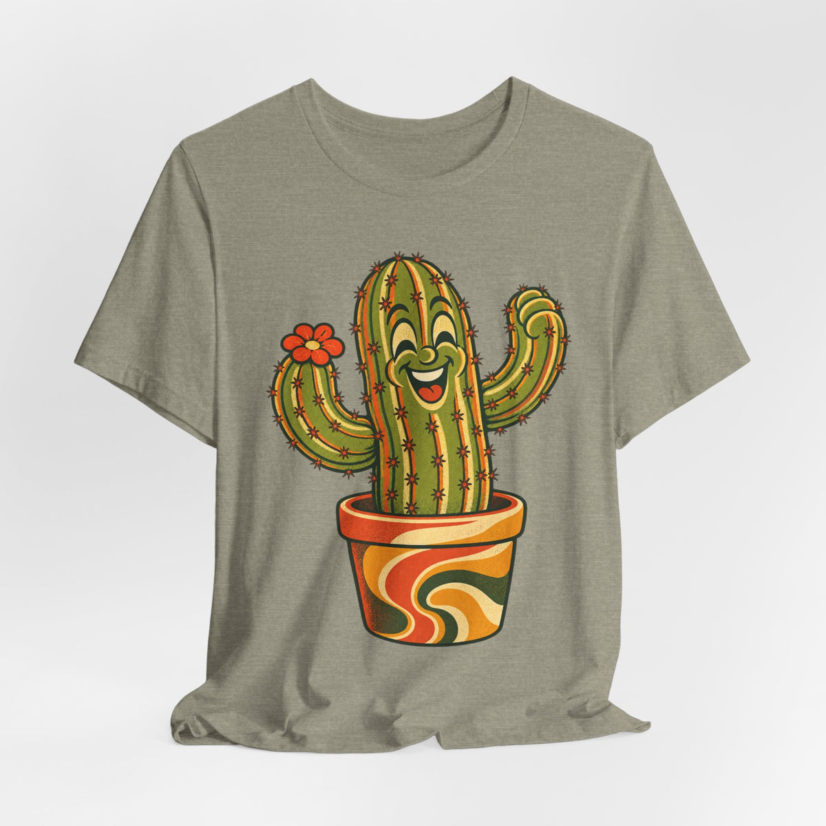 Happy Cactus Retro 70s T-Shirt in Heather Green - retro 70s cartoon happy cactus plant graphic tee, Barely Outdoorsy
