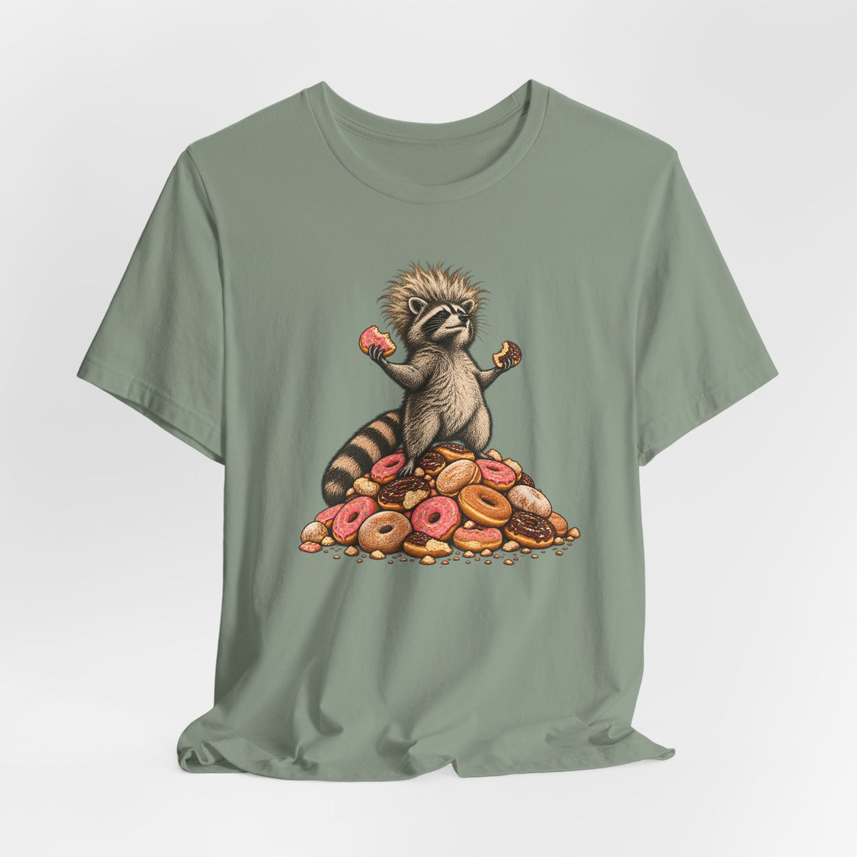 Donut King Raccoon T-Shirt in Sage - funny goblincore donut king raccoon humor graphic tee, Barely Outdoorsy