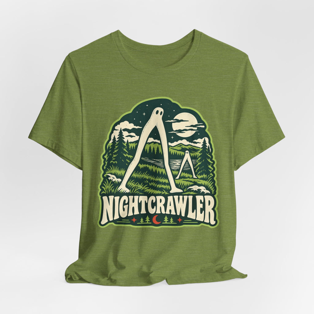 Fresno Nightcrawler Cryptid T-Shirt in Heather Green - funny Fresno Nightcrawler cryptid graphic tee, Barely Outdoorsy Bella Canvas 3001