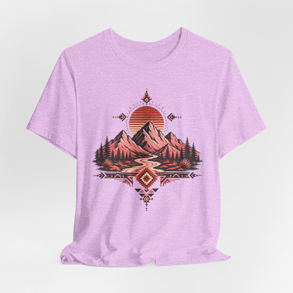 Southwest Mountain Sunset Tee in Heather Prism Lilac - Southwest desert sunset shirt, Barely Outdoorsy Bella Canvas