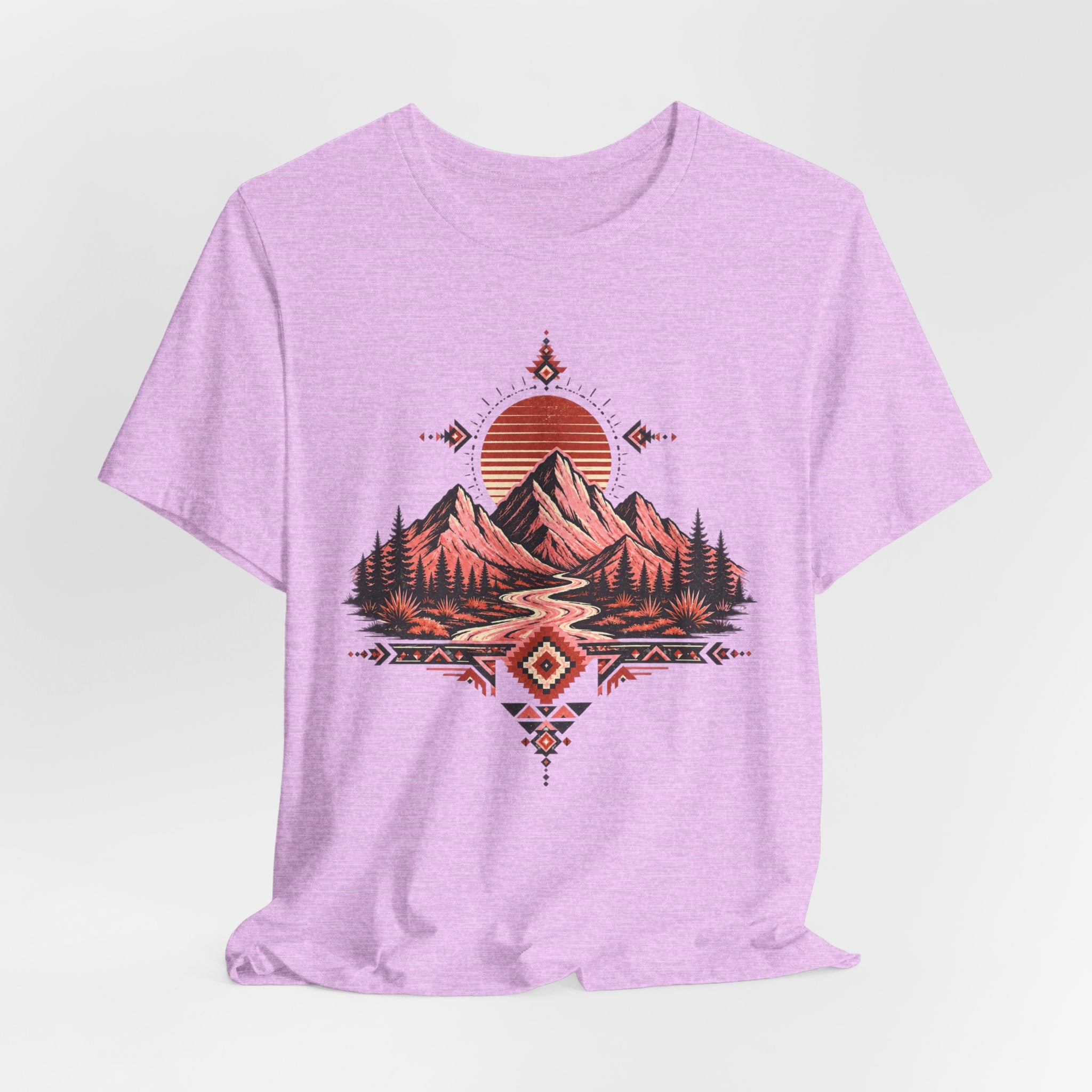Southwest Mountain Sunset Tee in Heather Prism Lilac - Southwest desert sunset shirt, Barely Outdoorsy Bella Canvas