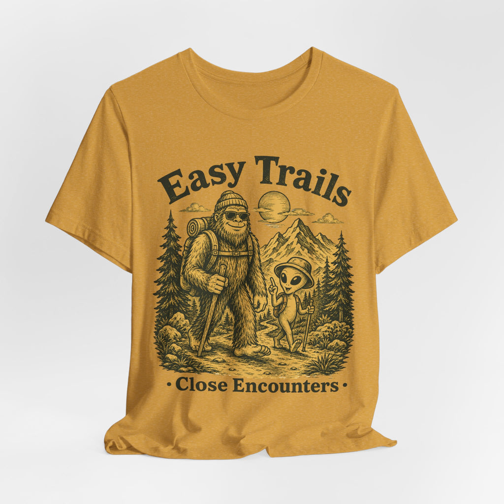 Easy Trails Close Encounters T-Shirt in Heather Purple - retro woodcut cryptid hiking buddies graphic tee, Barely Outdoorsy