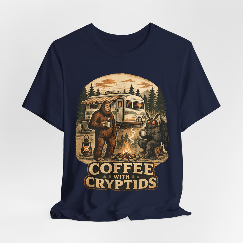 Coffee With Cryptids Tee in Black Heather - funny cryptid morning coffee campfire shirt, Barely Outdoorsy Bella Canvas