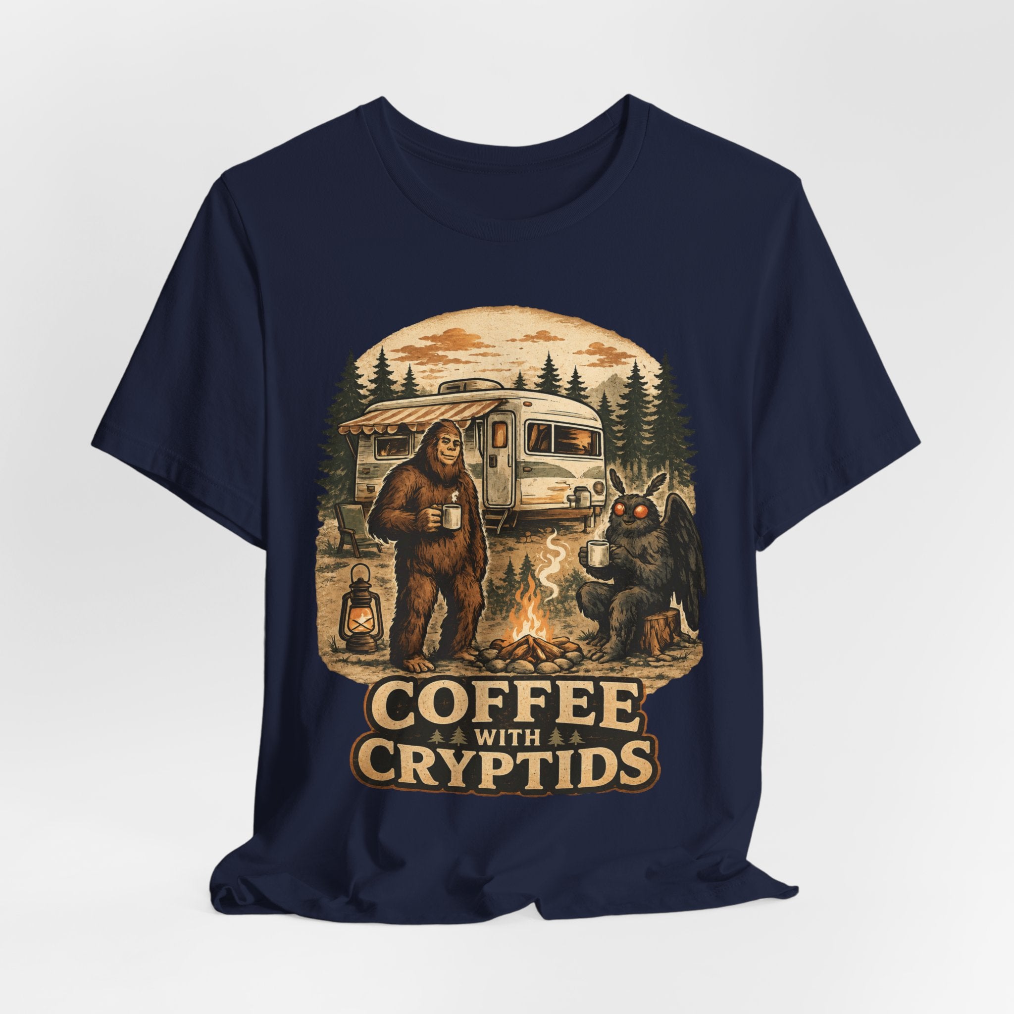 Coffee With Cryptids Tee in Black Heather - funny cryptid morning coffee campfire shirt, Barely Outdoorsy Bella Canvas