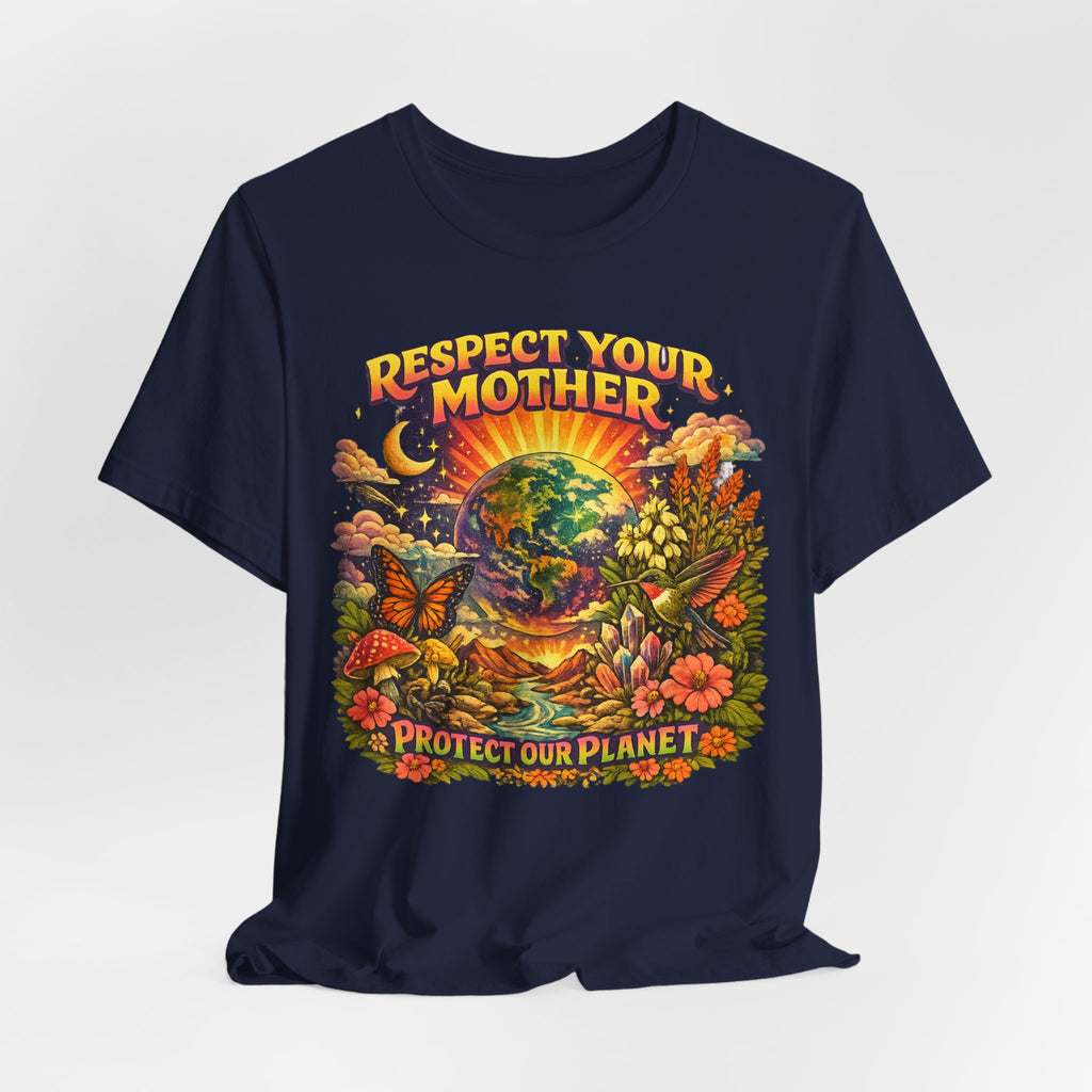Respect Your Mother Protect Our Planet Tee in Navy - retro psychedelic earth conservation shirt, Barely Outdoorsy Bella Canvas 3001