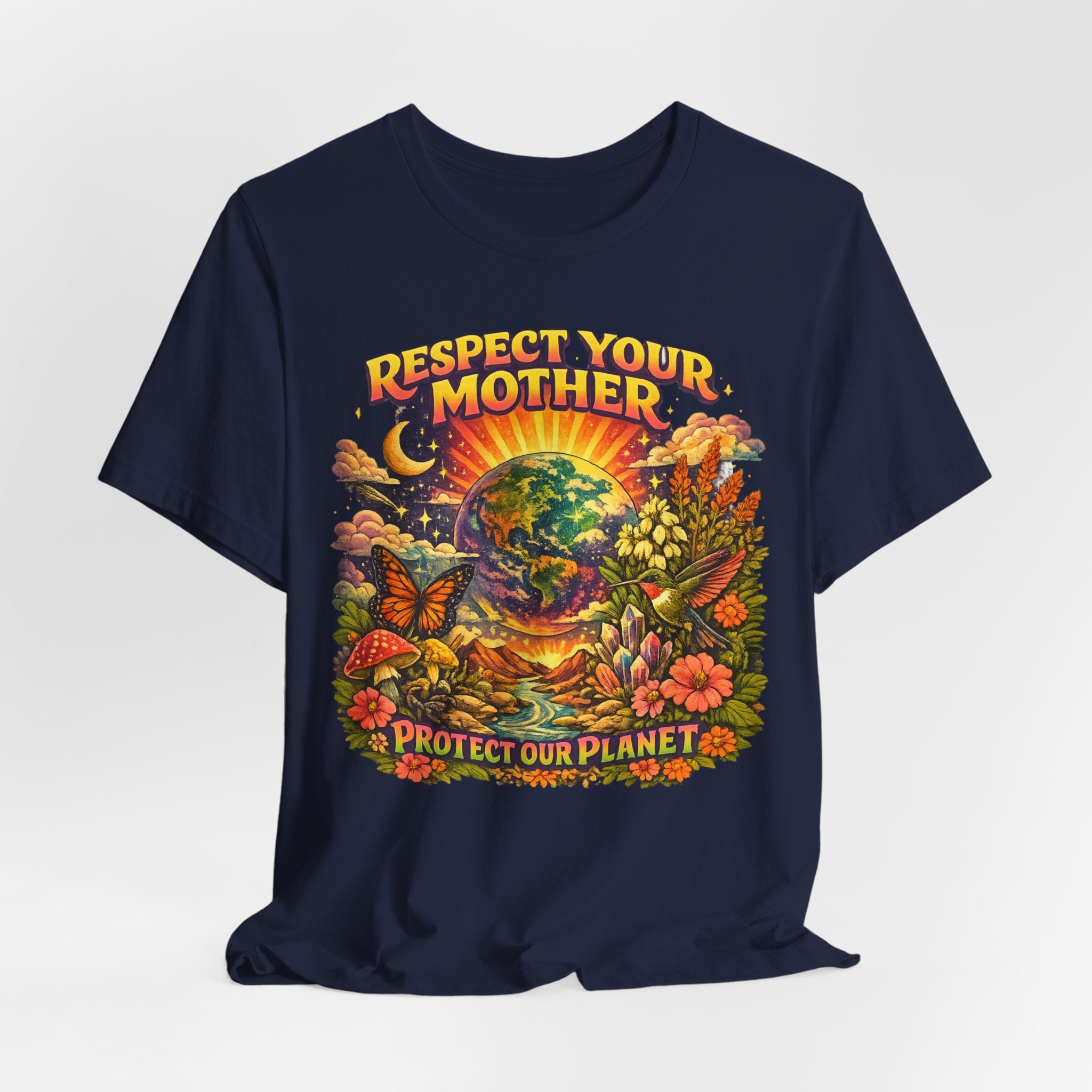 Respect Your Mother Protect Our Planet Tee in Navy - retro psychedelic earth conservation shirt, Barely Outdoorsy Bella Canvas 3001