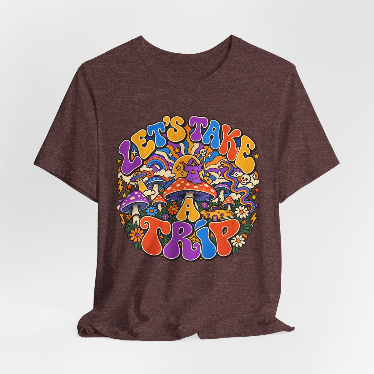 Let's Take a Trip Retro T-Shirt in Heather Autumn - psychedelic retro road trip graphic tee, Barely Outdoorsy