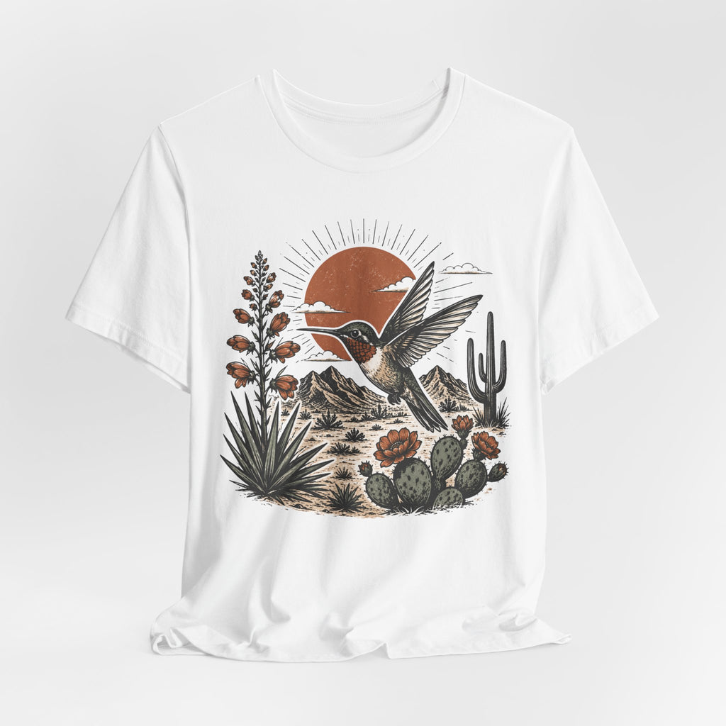 Sunset Hummingbird Desert Tee in Heather True Royal - bold hummingbird desert sunset silhouette shirt, Barely Outdoorsy