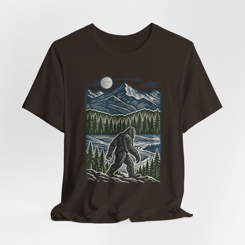 Bigfoot Mountain River Tee in Heather Ice Blue - Sasquatch mountain river fishing shirt, Barely Outdoorsy Bella Canvas