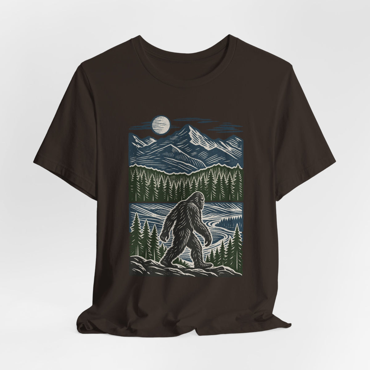 Bigfoot Mountain River Tee in Heather Ice Blue - Sasquatch mountain river fishing shirt, Barely Outdoorsy Bella Canvas