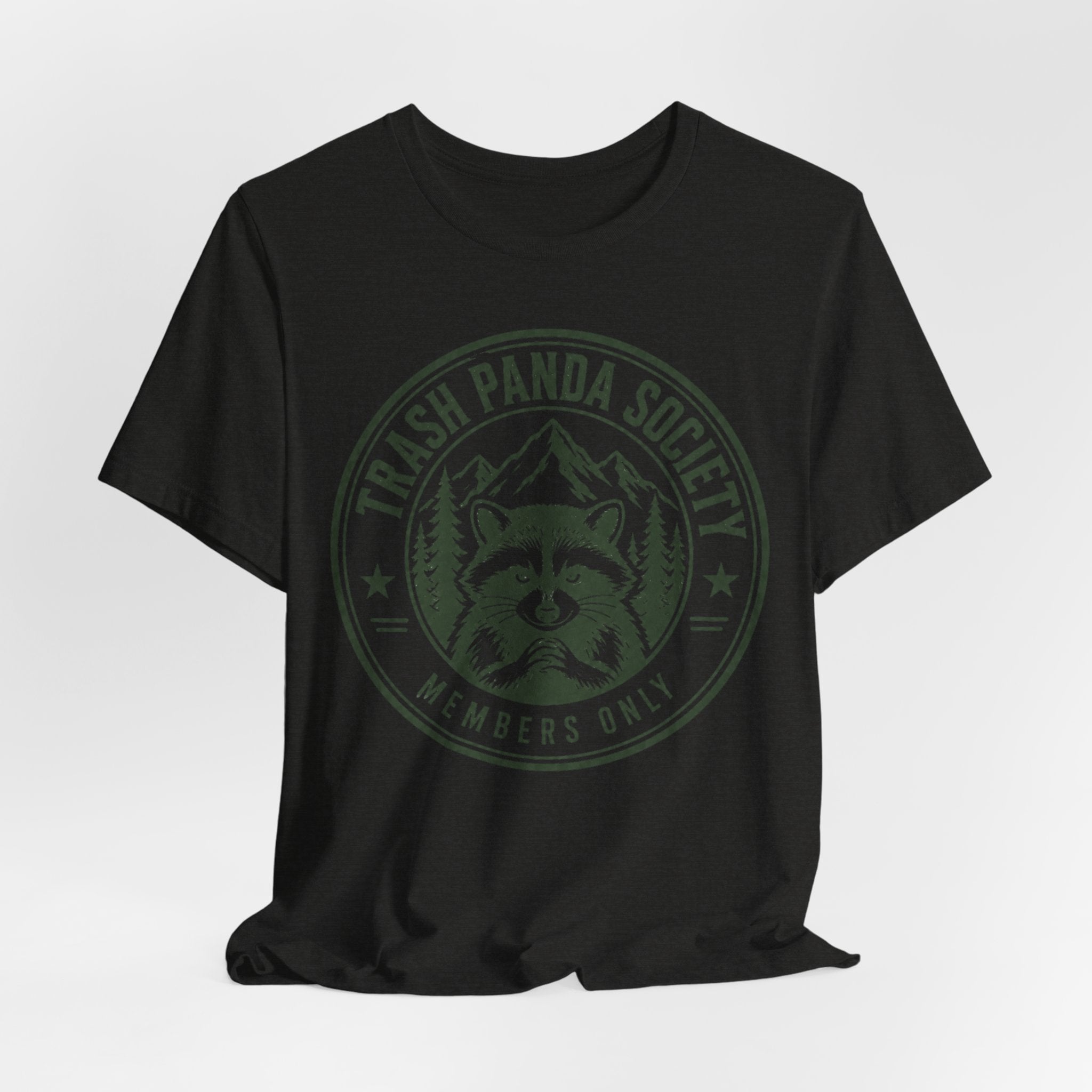 Trash Panda Society Tee in White detail - raccoon badge mountain pine close-up graphic, Barely Outdoorsy