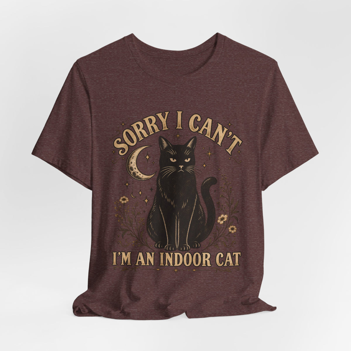 Sorry I Can't I'm an Indoor Cat Tee in Heather Purple - funny indoor cat humor shirt, Barely Outdoorsy Bella Canvas