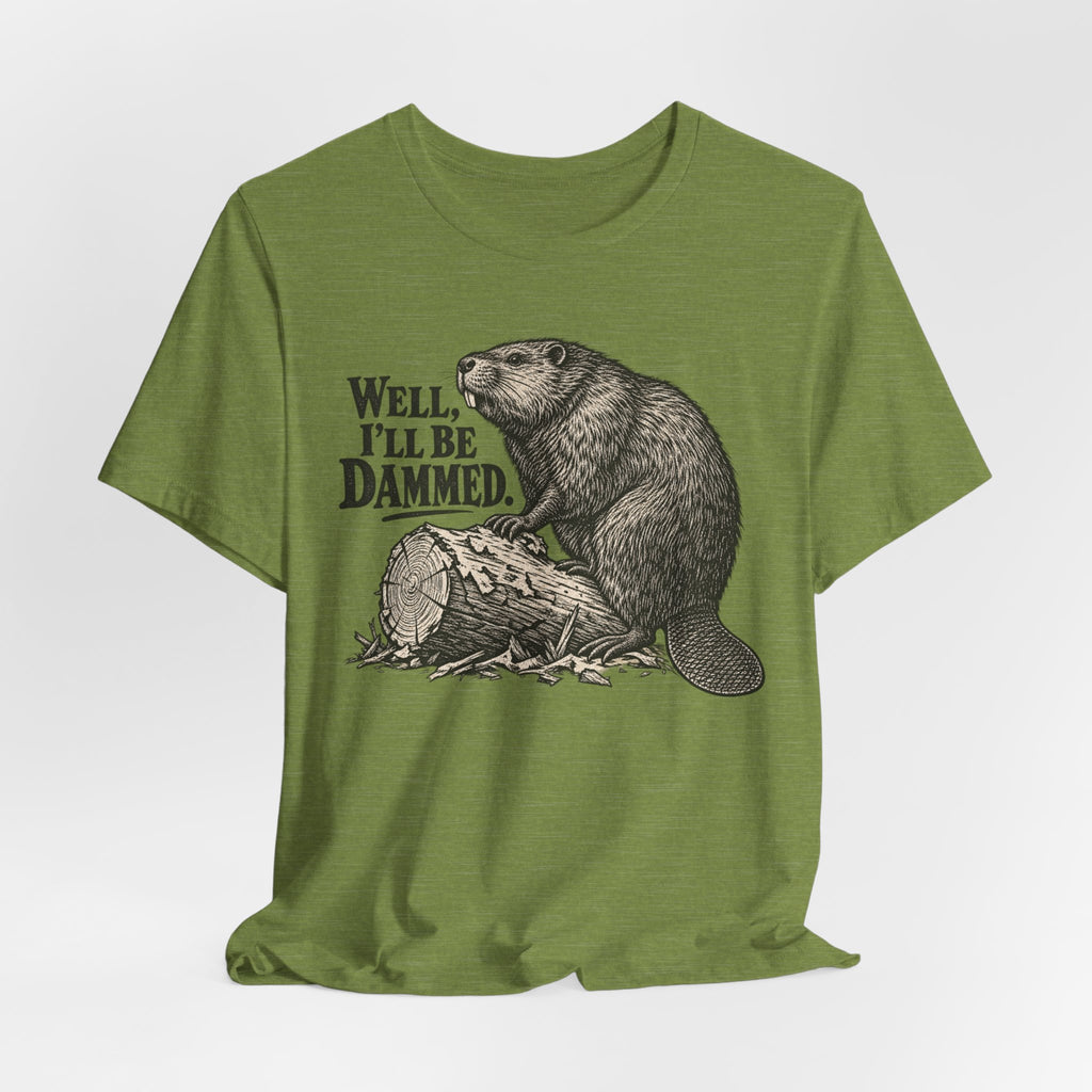 Well I'll Be Dammed Beaver Tee in Heather Purple - funny beaver dammed humor shirt, Barely Outdoorsy Bella Canvas 3001