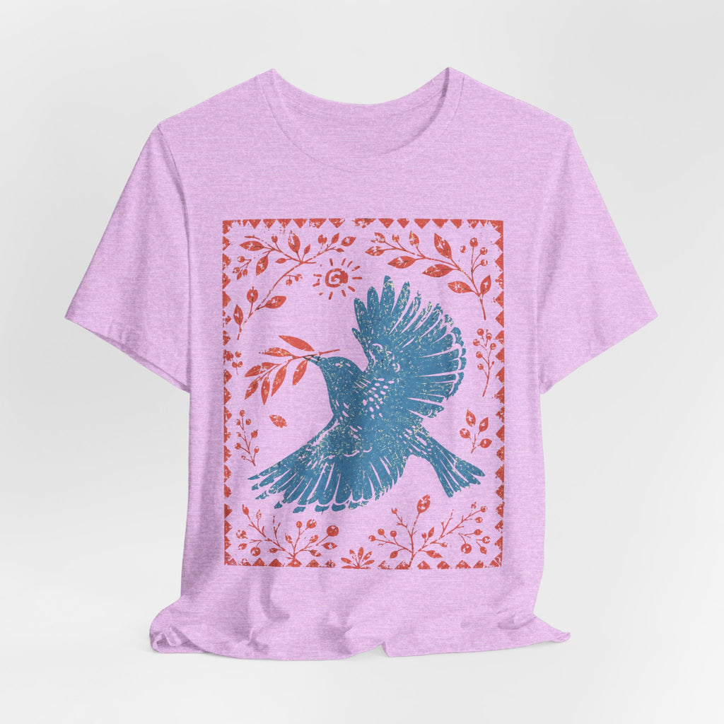 Blue Peace Dove Folk Art Tee flat lay Athletic Heather - unisex crew neck folk art dove graphic tee, Barely Outdoorsy