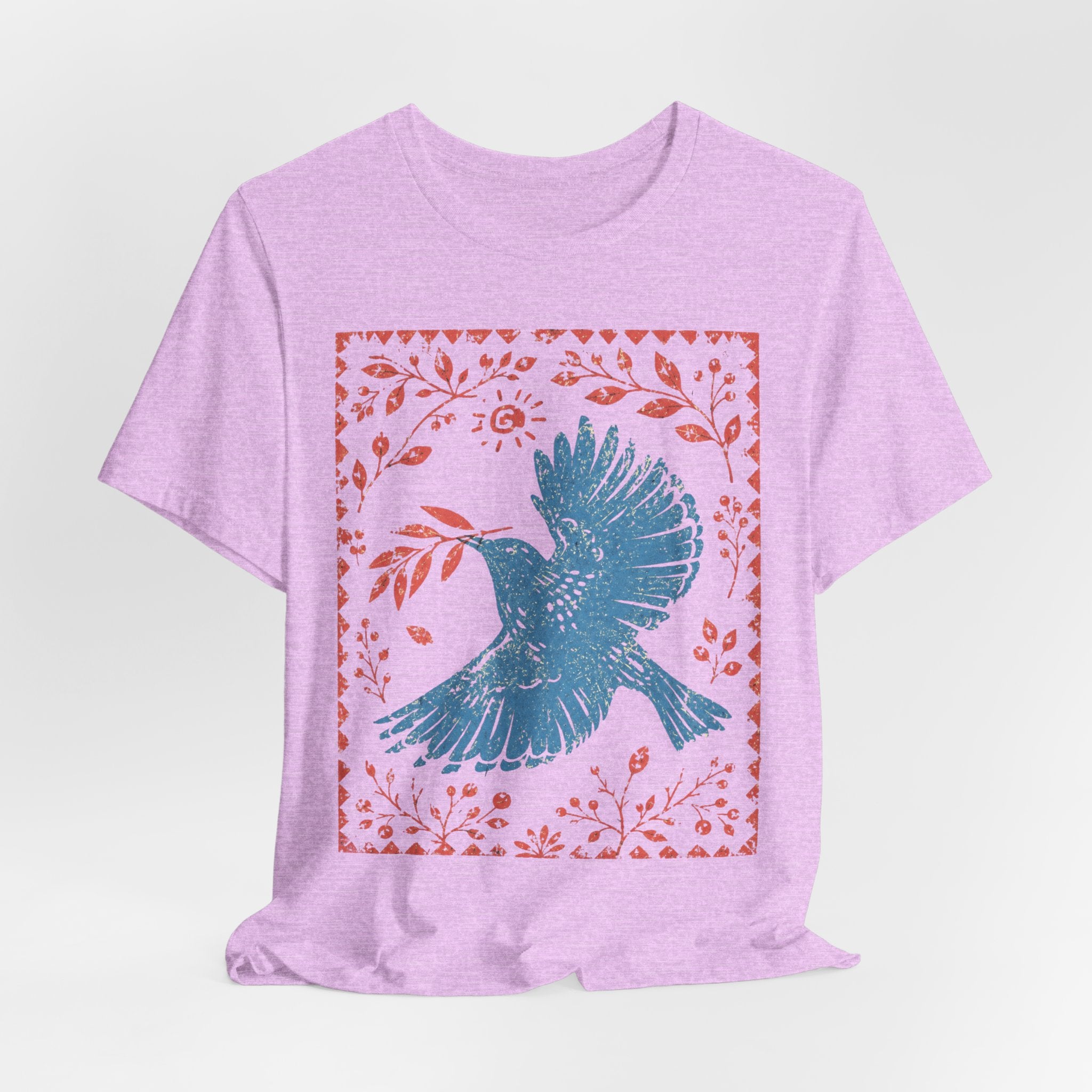 Blue Peace Dove Folk Art Tee flat lay Athletic Heather - unisex crew neck folk art dove graphic tee, Barely Outdoorsy