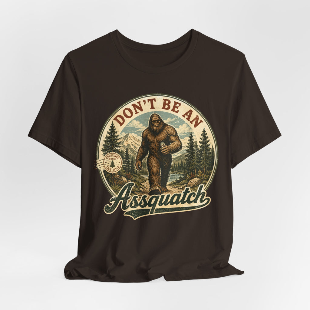 Don't Be An Assquatch Funny Bigfoot T-Shirt in Red - funny Sasquatch pun graphic tee, Barely Outdoorsy