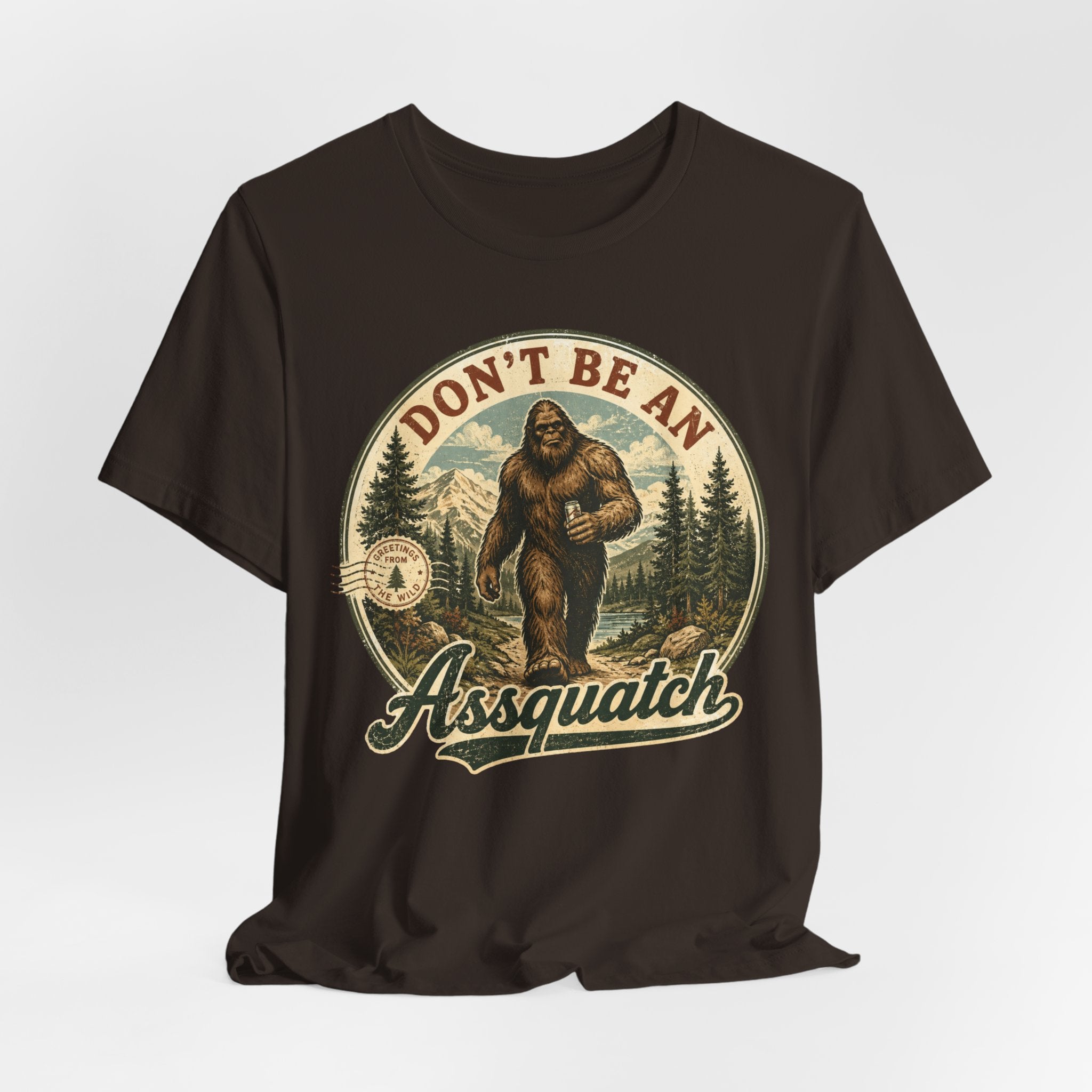 Don't Be An Assquatch Funny Bigfoot T-Shirt in Red - funny Sasquatch pun graphic tee, Barely Outdoorsy