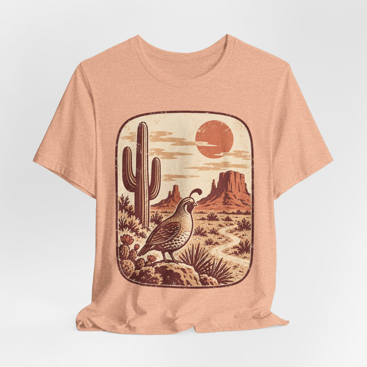 Gambel's Quail Desert Sunset T-Shirt in Dark Grey Heather - Southwest quail desert sunset graphic tee, Barely Outdoorsy Bella Canvas 3001