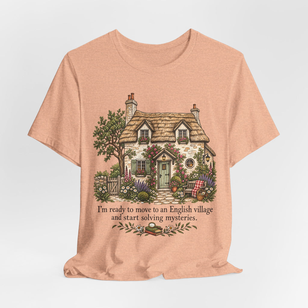 English Village Mysteries Funny Cozy T-Shirt in White - cottagecore mystery village humor graphic tee, Barely Outdoorsy Bella Canvas