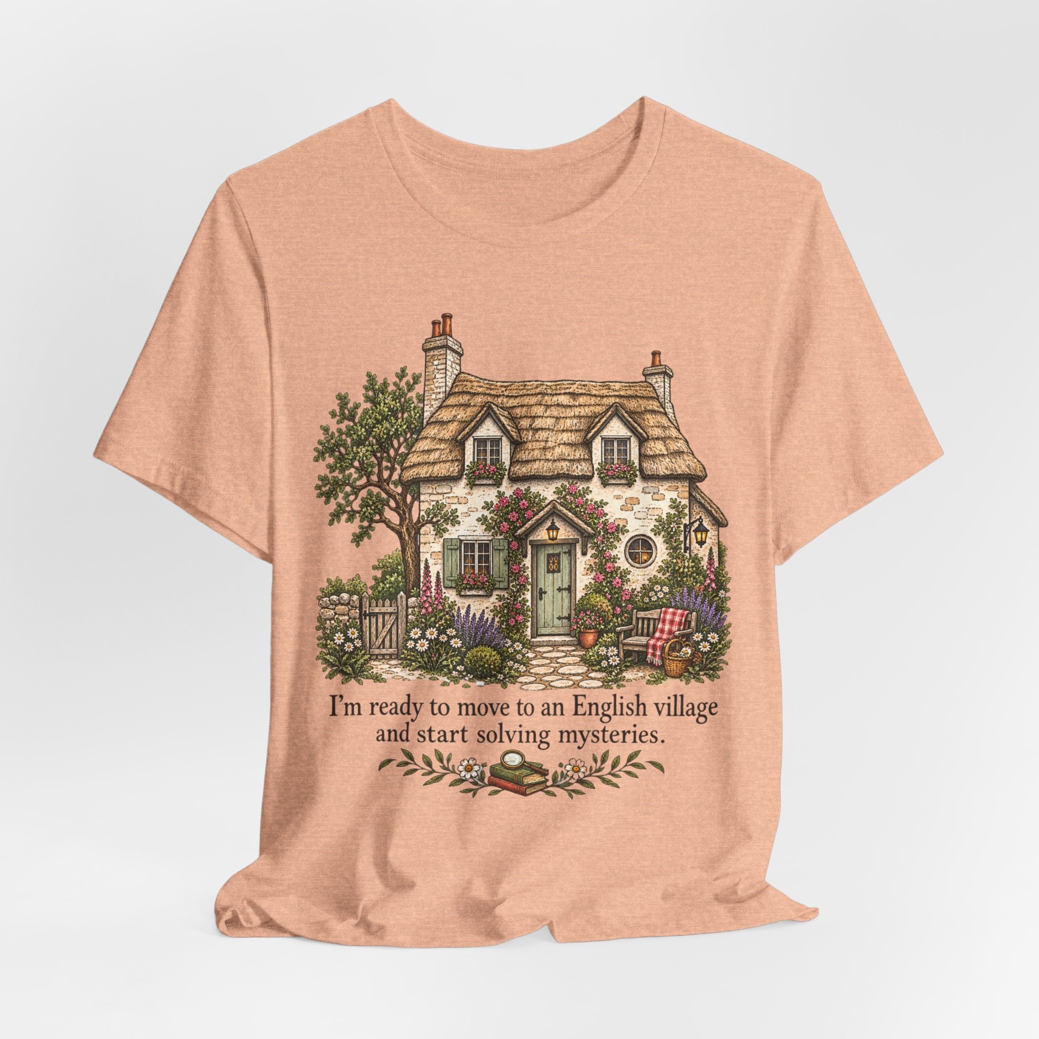 English Village Mysteries Funny Cozy T-Shirt in White - cottagecore mystery village humor graphic tee, Barely Outdoorsy Bella Canvas