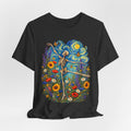 Starry Night Dancing Skeleton T-Shirt flat lay Dark Grey Heather - unisex crew neck Van Gogh skeleton graphic tee, Barely Outdoorsy