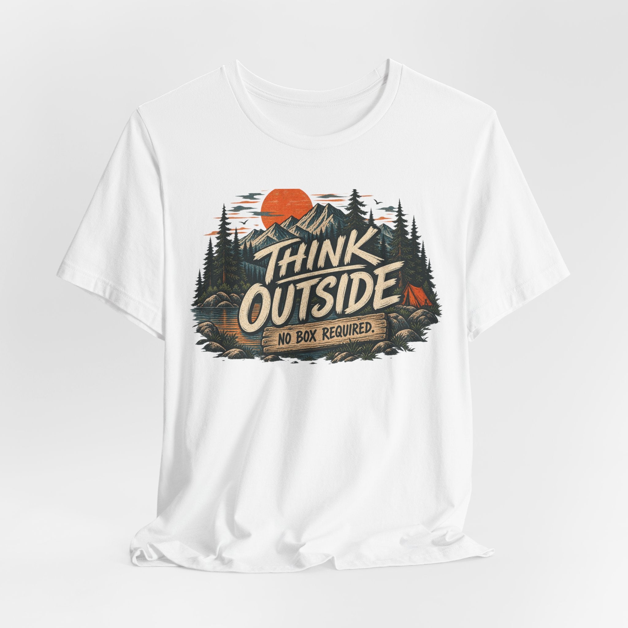 Think Outside No Box Required T-Shirt in Black worn shot - funny hiking nature thinking humor tee, Barely Outdoorsy Bella Canvas