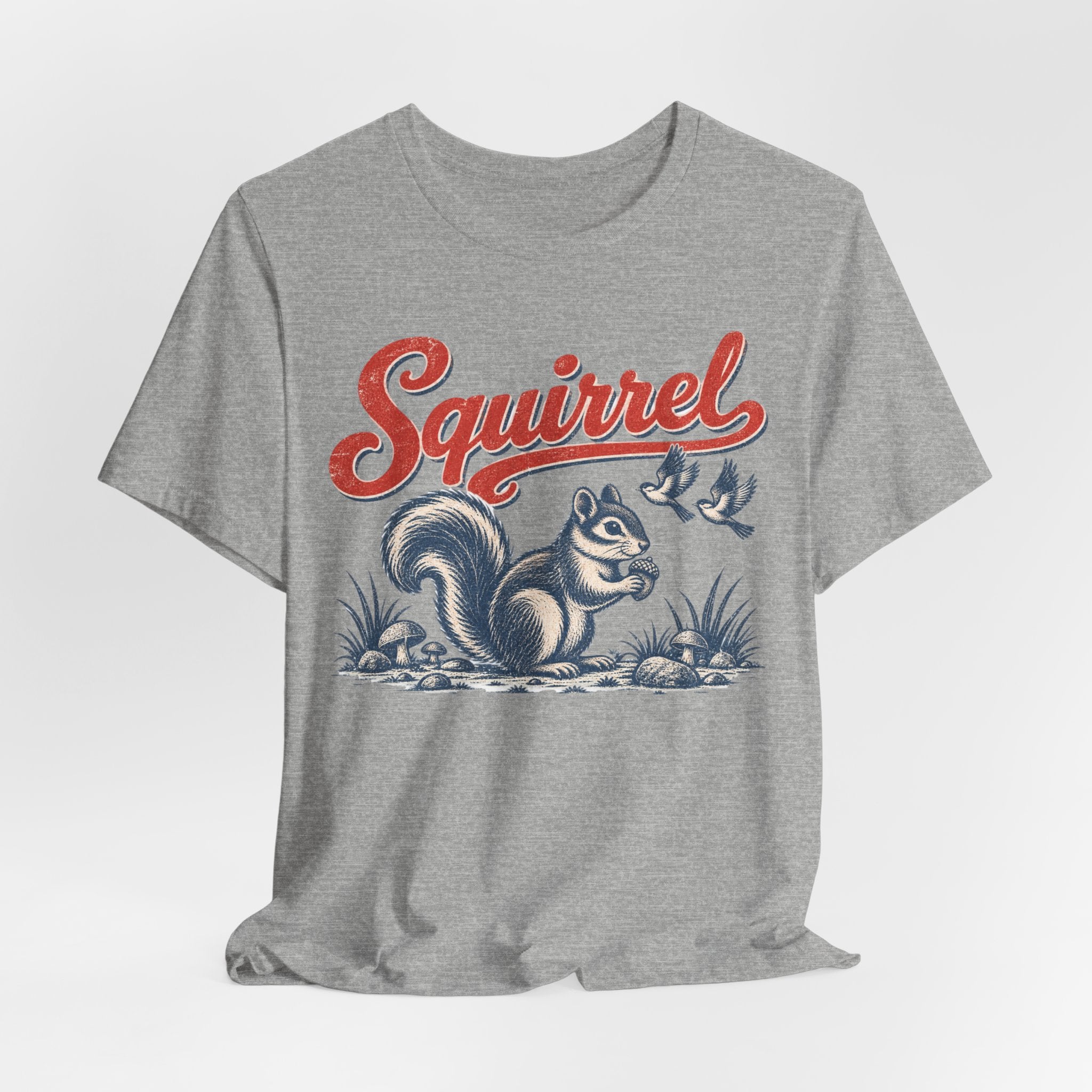 Vintage Squirrel Woodland T-Shirt in Athletic Heather - vintage naturalist squirrel engraving graphic tee, Barely Outdoorsy Bella Canvas 3001