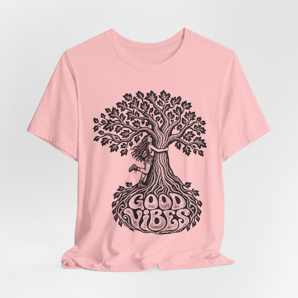 Good Vibes Tree Hug T-Shirt in Pink detail - funny tree hug good vibes close-up graphic