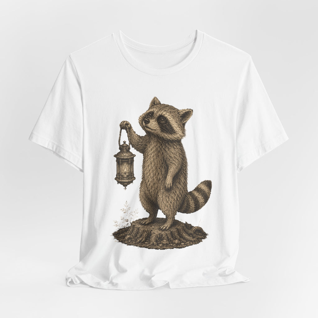 Raccoon Lantern Tee in Heather Peach - vintage raccoon lantern moonlit shirt, Barely Outdoorsy Bella Canvas 3001