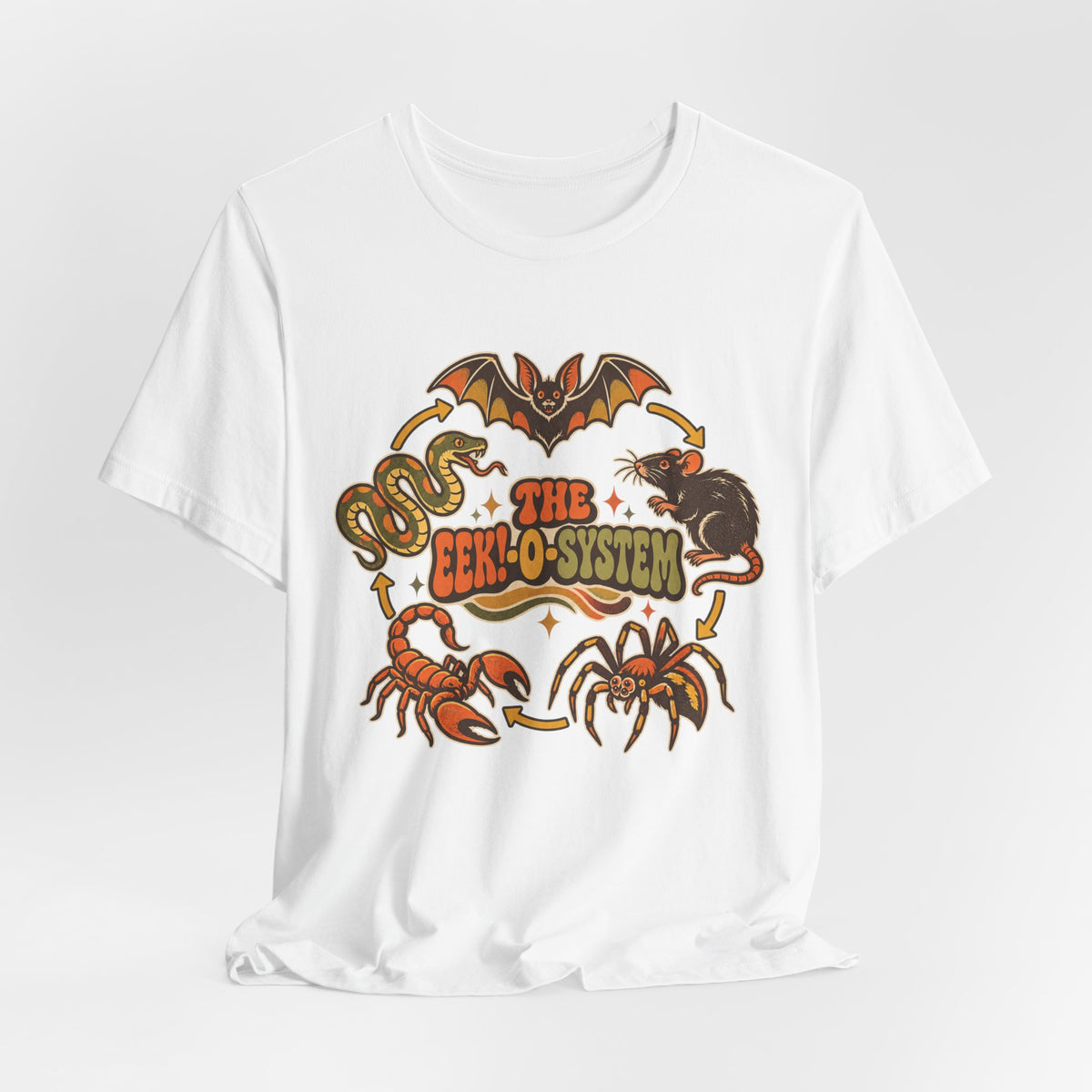 The Eek-O-System Creepy Critters Tee in Orange - funny creepy critters Halloween ecosystem shirt, Barely Outdoorsy Bella Canvas