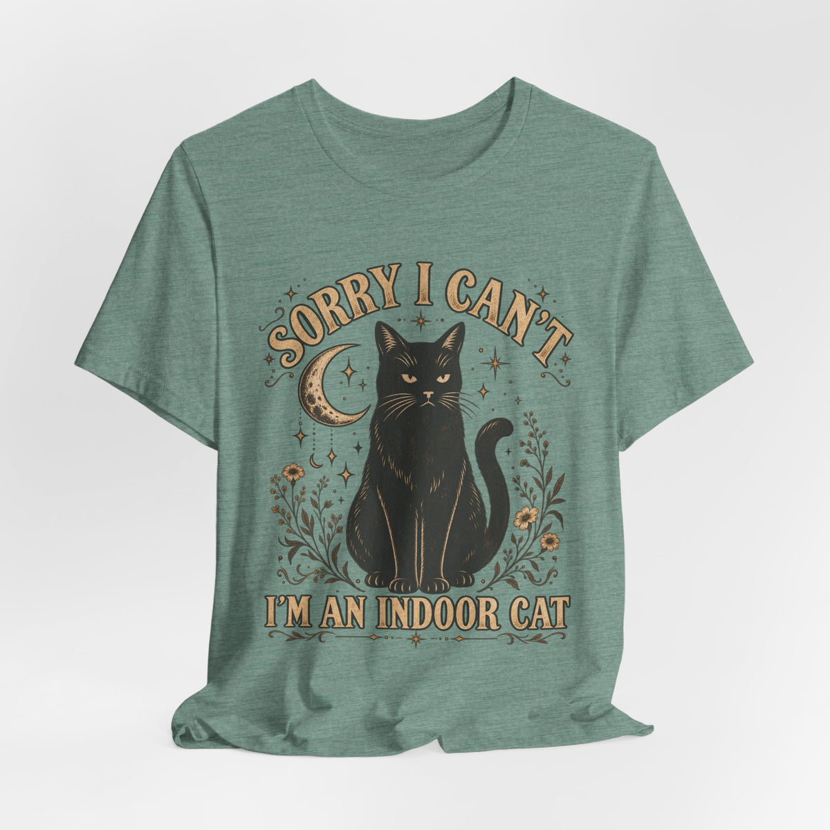 Sorry I Can't I'm an Indoor Cat T-Shirt in Heather Green - funny indoor cat introvert graphic tee, Barely Outdoorsy Bella Canvas