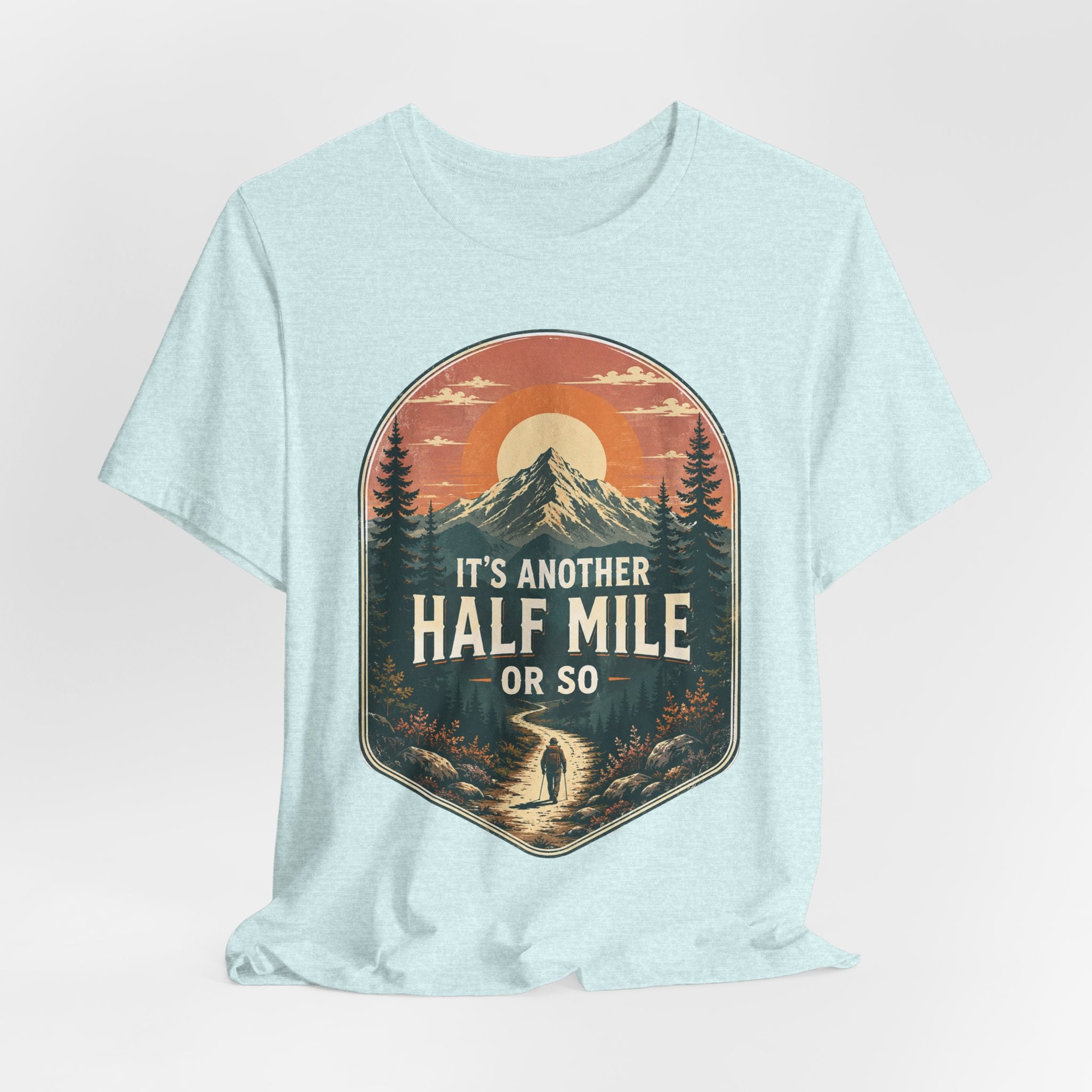 It's Another Half Mile Or So Tee in Black detail - funny hiking trail humor close-up graphic