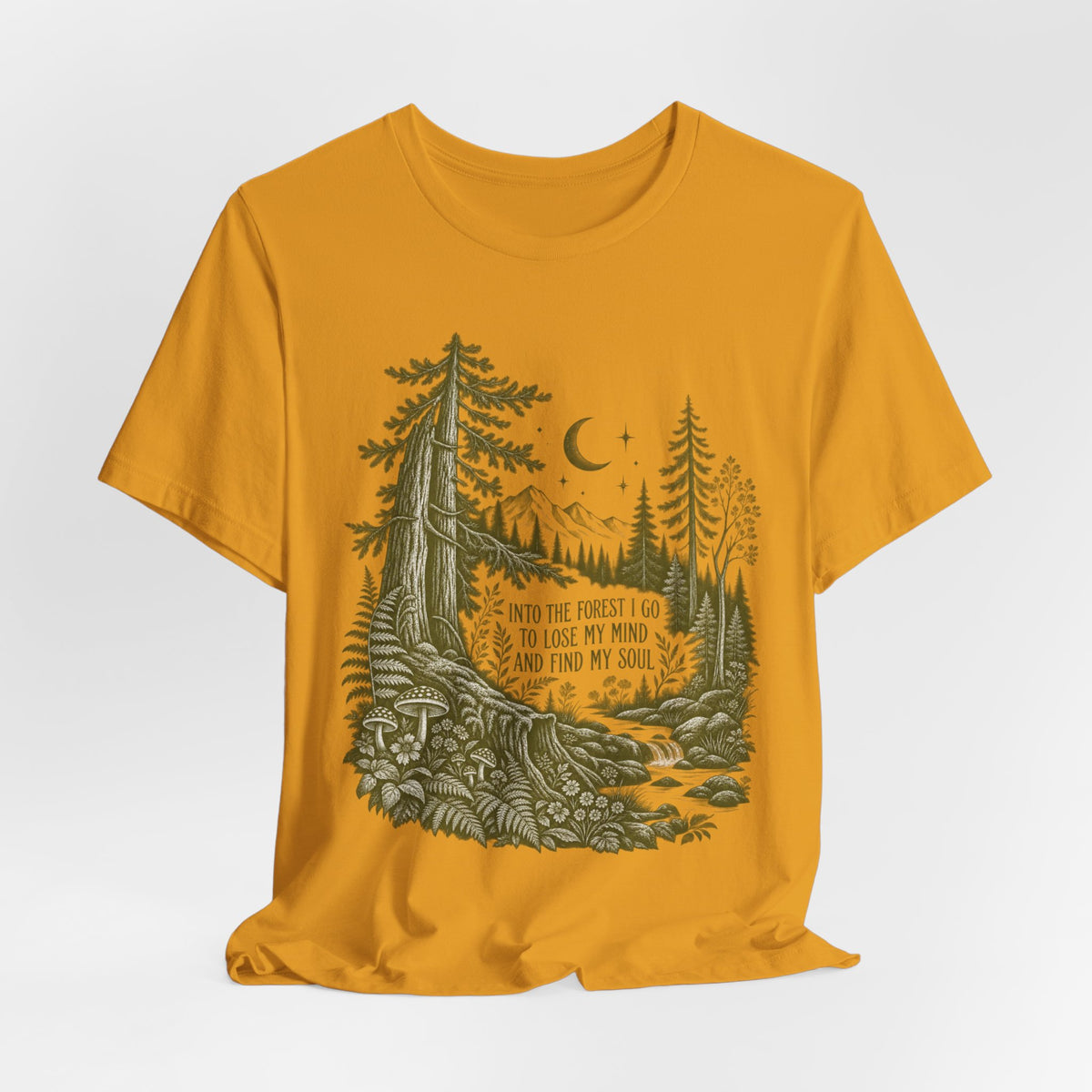 Into the Forest I Go T-Shirt in White - forest hiking quote graphic tee, Barely Outdoorsy Bella Canvas