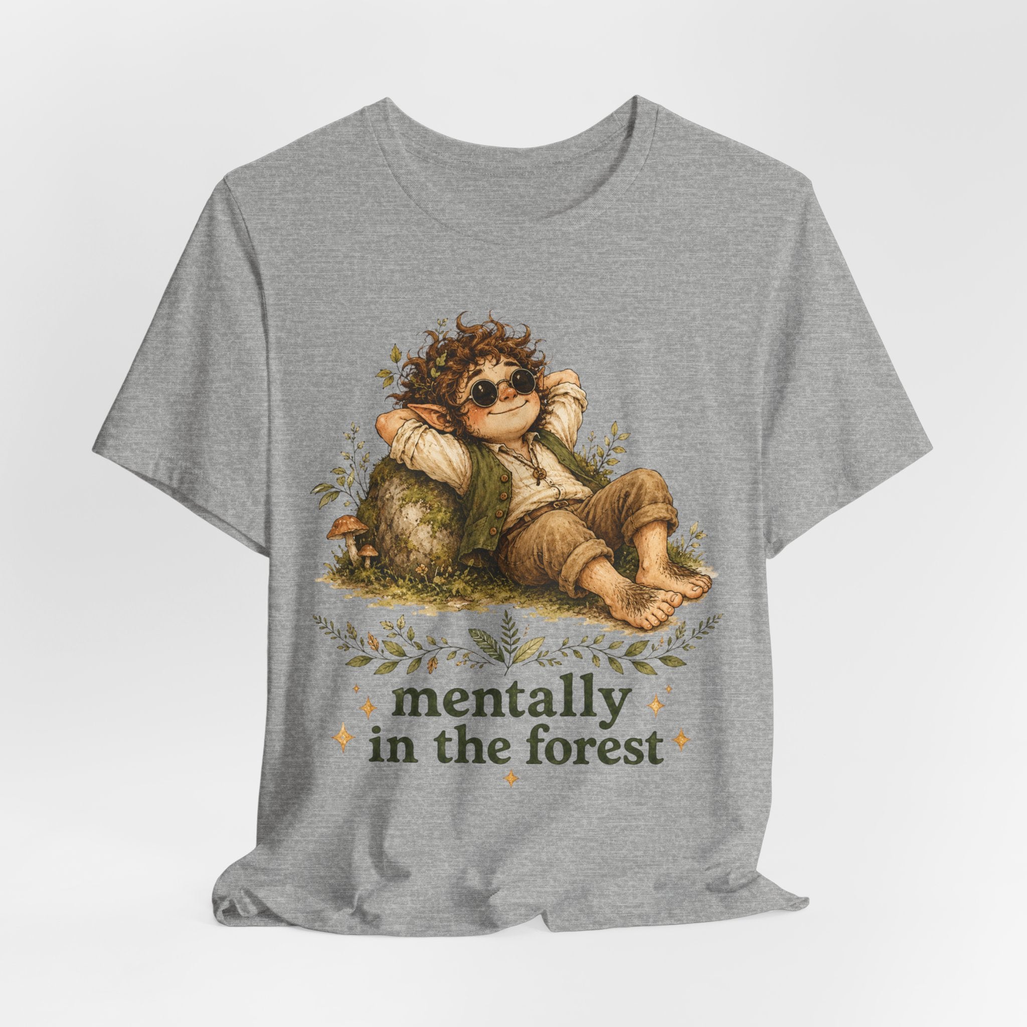 Mentally In The Forest Tee in White detail - forest folk botanical garland close-up graphic, Barely Outdoorsy