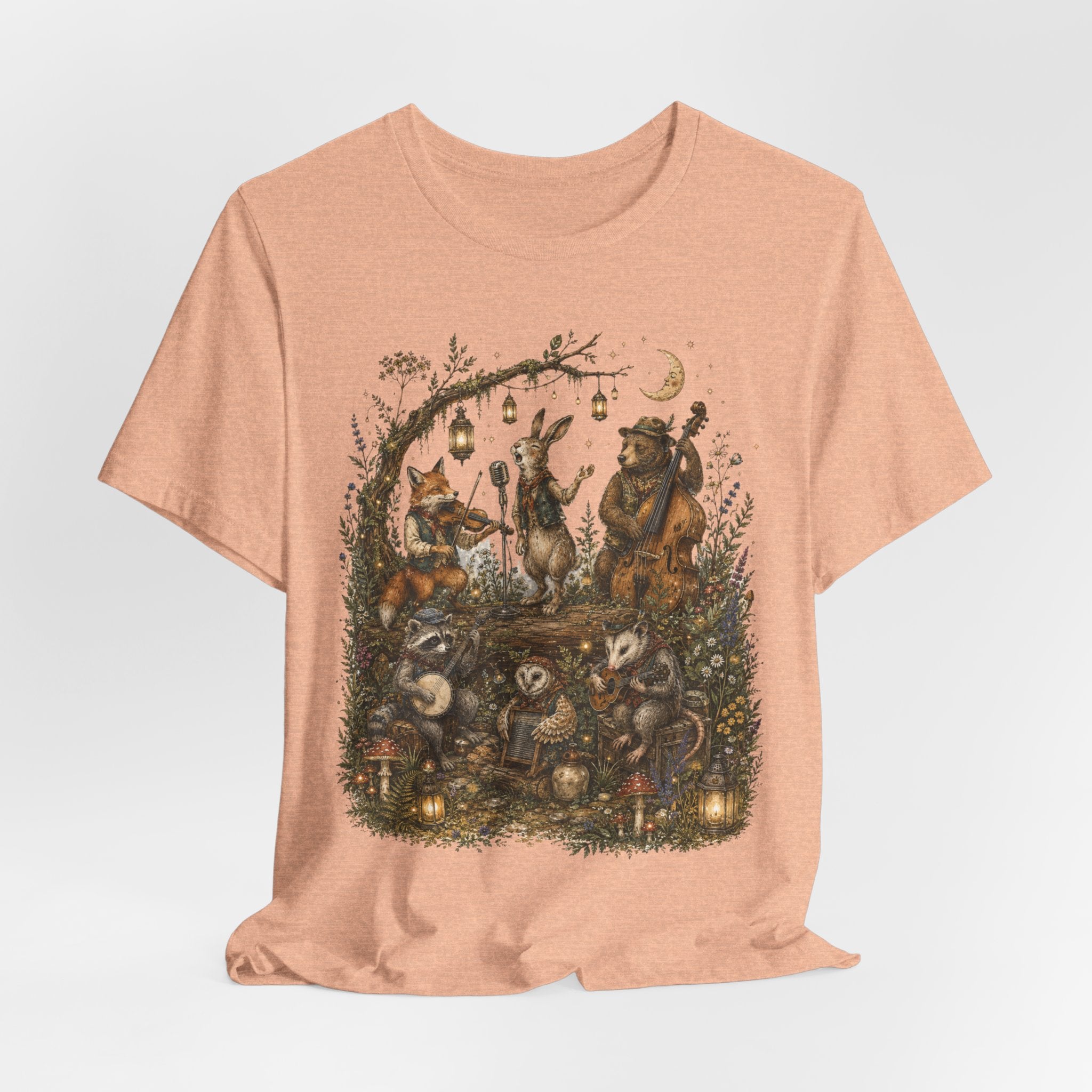 Woodland Band Moonlight Concert T-Shirt flat lay Athletic Heather - unisex crew neck goblincore concert graphic tee, Barely Outdoorsy