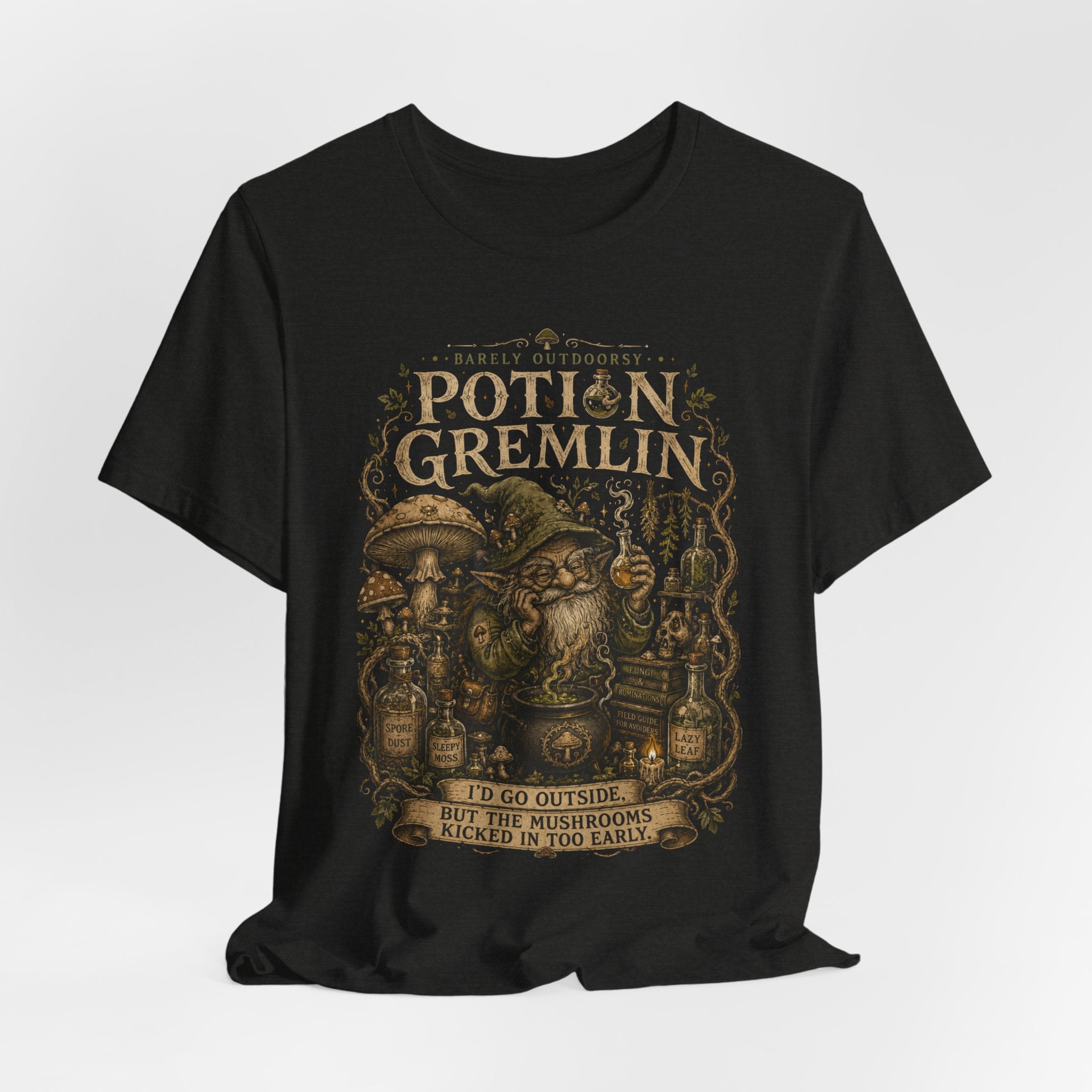 Potion Gremlin Goblincore T-Shirt in Black Heather - funny potion gremlin graphic tee, Barely Outdoorsy