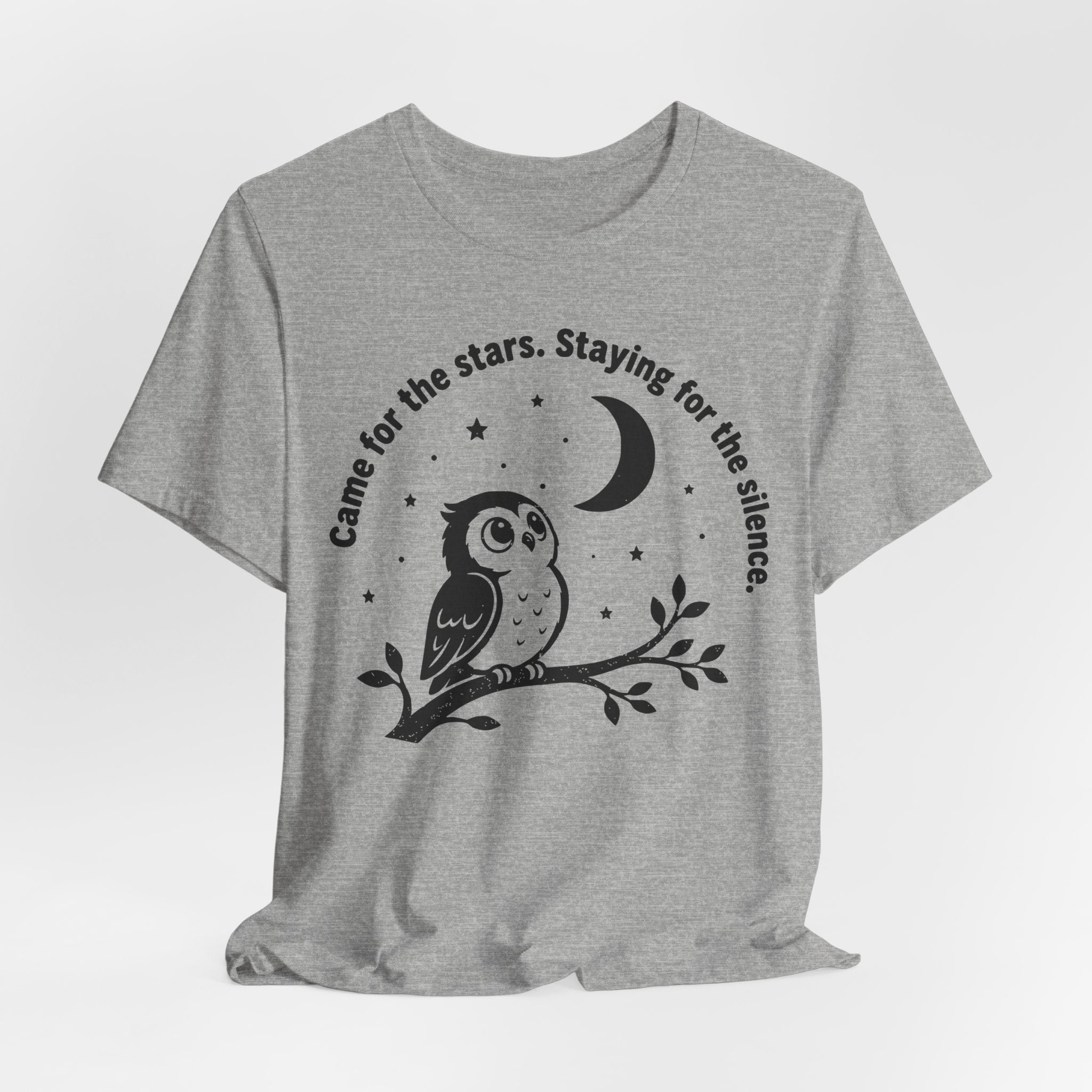 Came For The Stars Staying For The Silence Tee in Heather Prism Ice Blue - owl stargazer night sky shirt, Barely Outdoorsy Bella Canvas 3001