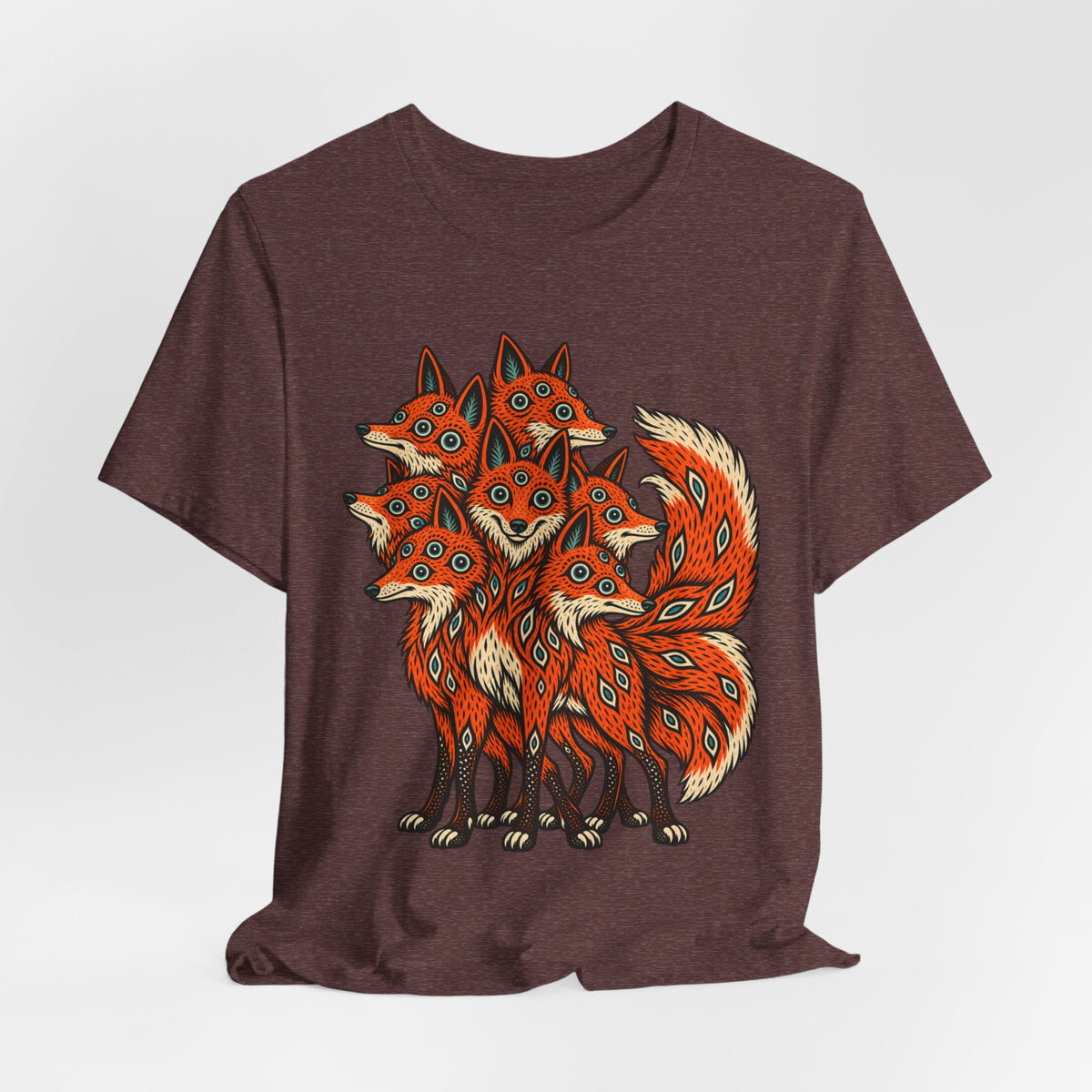 Many-Headed Folk Art Fox T-Shirt in Heather Autumn - folk art mythic many-headed fox wildlife graphic tee, Barely Outdoorsy