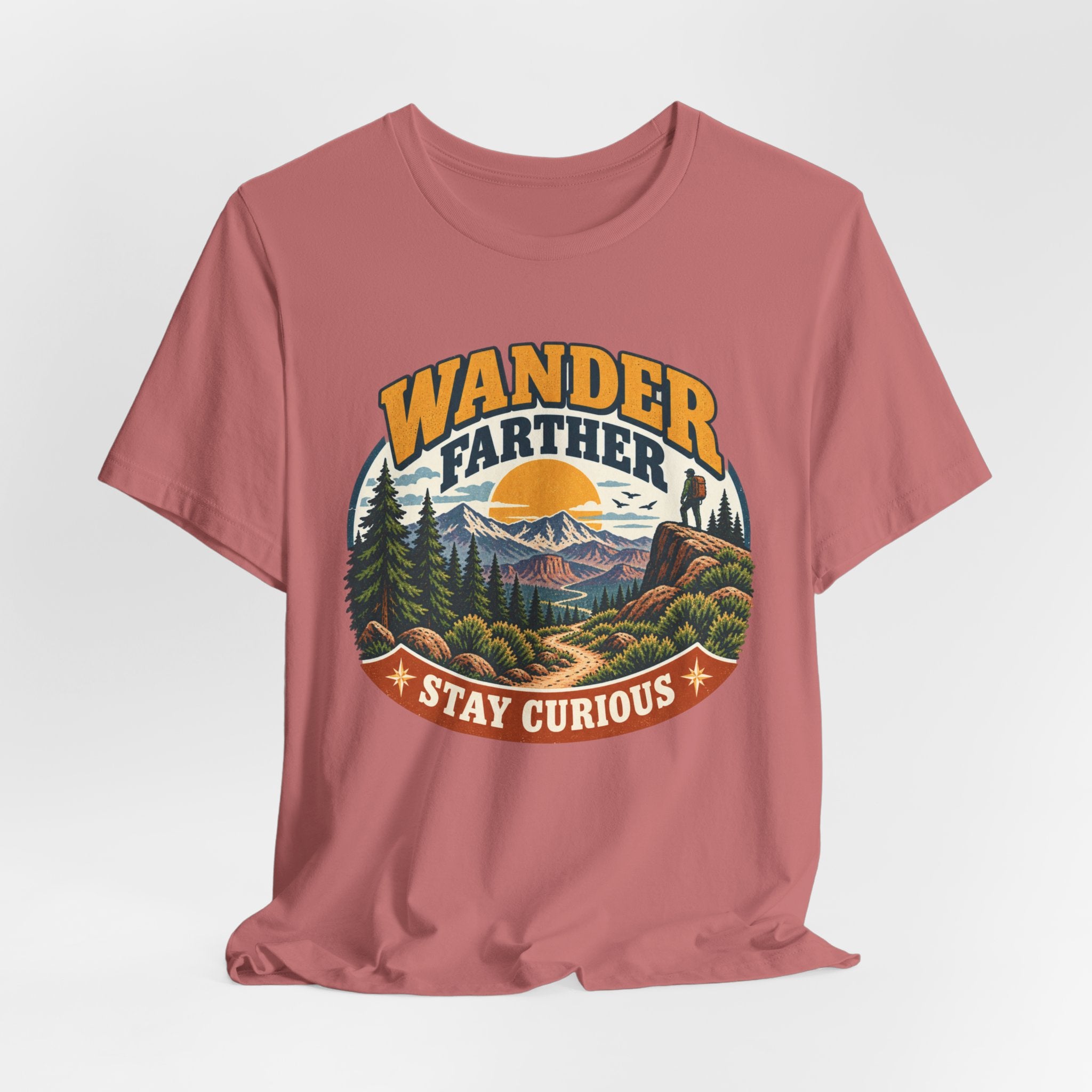 Wander Farther Stay Curious T-Shirt in Mauve - retro mountain adventure graphic tee, Barely Outdoorsy