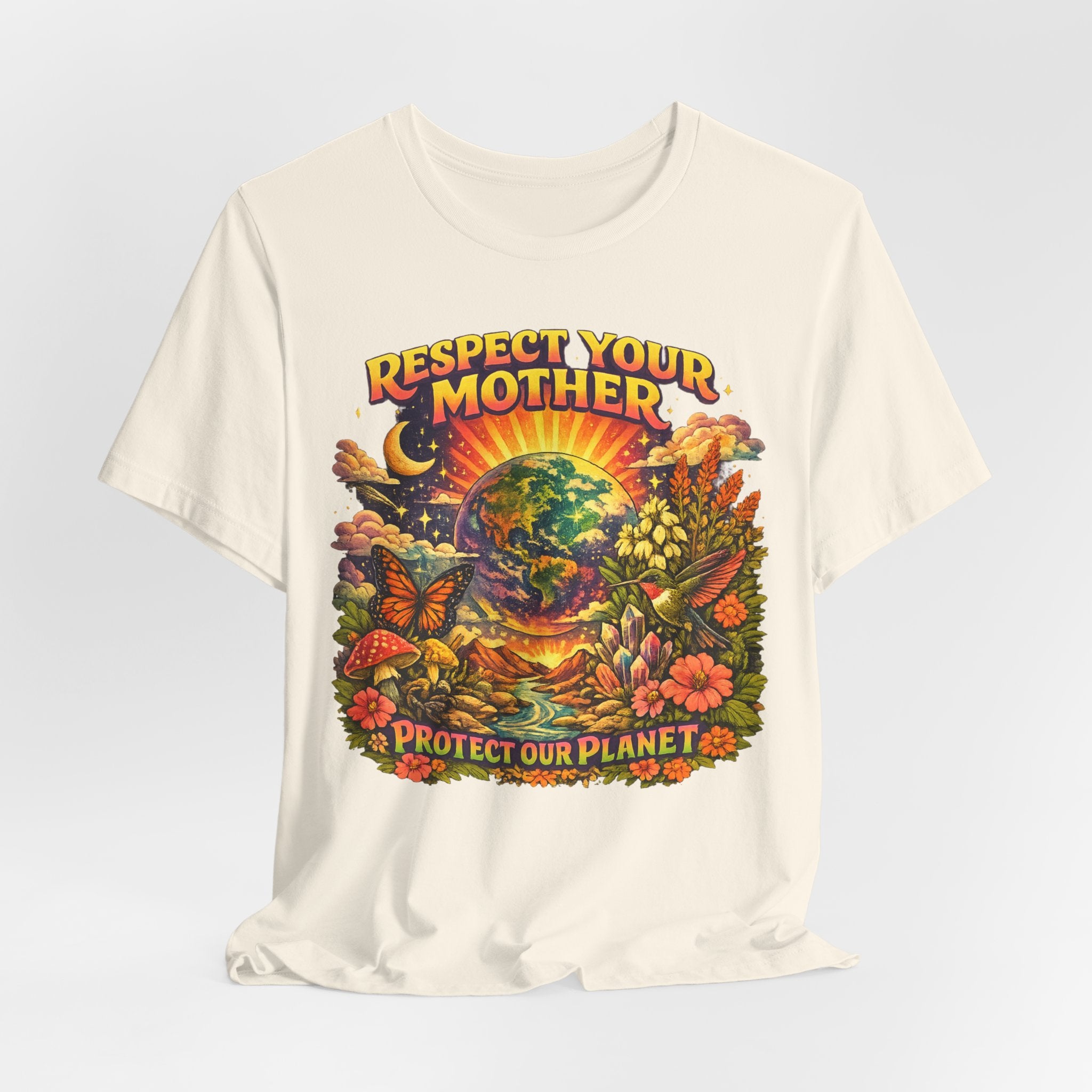 Respect Your Mother Protect Our Planet T-Shirt in Dark Grey Heather - retro 70s Mother Earth psychedelic graphic tee, Barely Outdoorsy Bella Canvas 3001