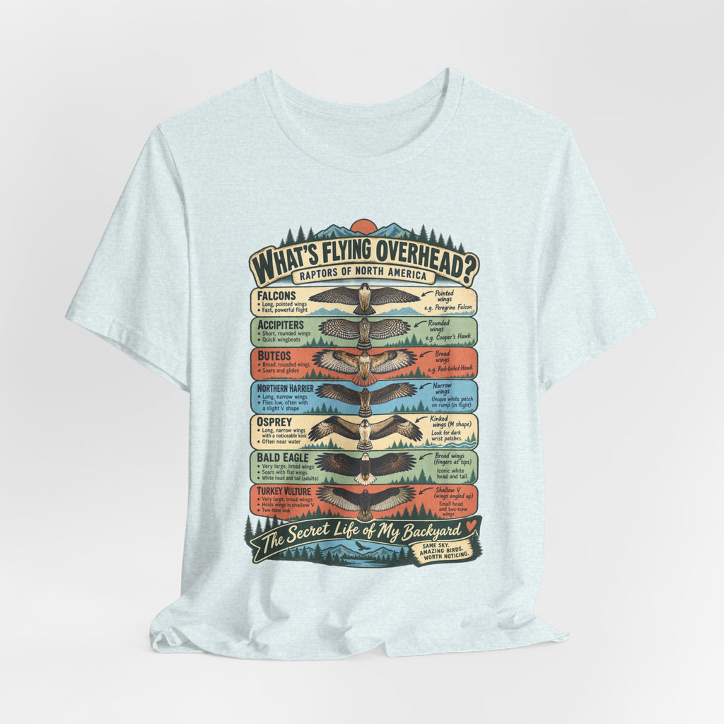 Raptors of North America Identification T-Shirt in Heather Ice Blue - birding raptors identification graphic tee, Barely Outdoorsy