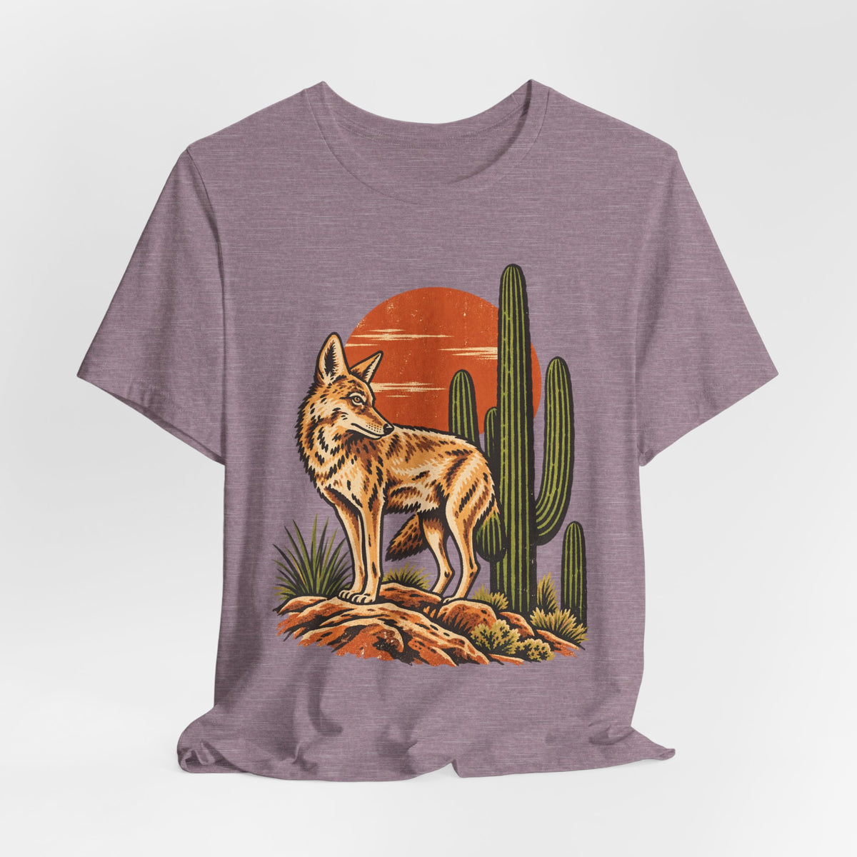Arizona Coyote Saguaro T-Shirt in Black Heather - Arizona desert coyote saguaro Southwest graphic tee, Barely Outdoorsy